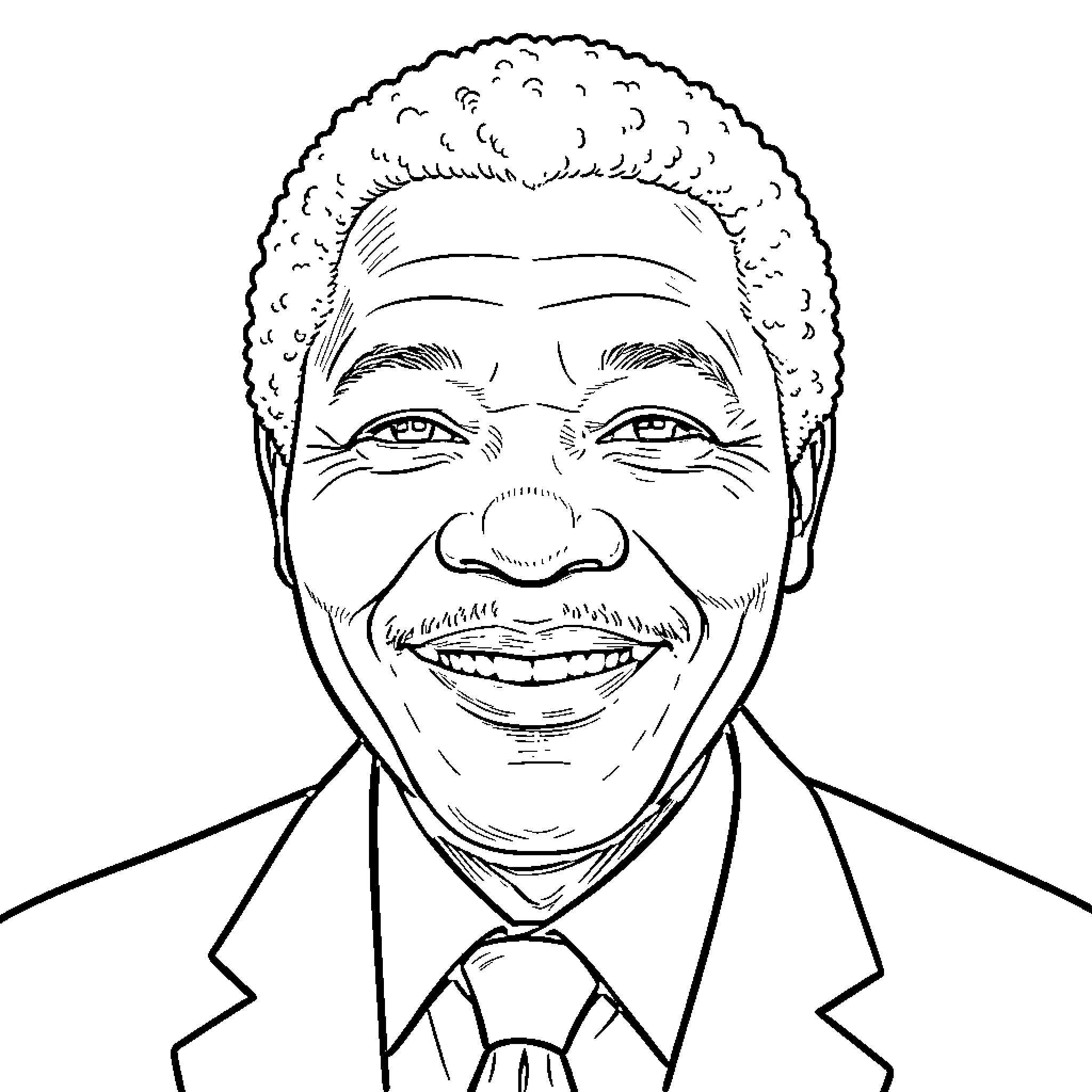 Nelson Mandela smiling warmly in a formal suit Coloring Page (free black-and-white line drawing printable PDF for all, from beginners to advanced learners, including children, teens, adults, and seniors)