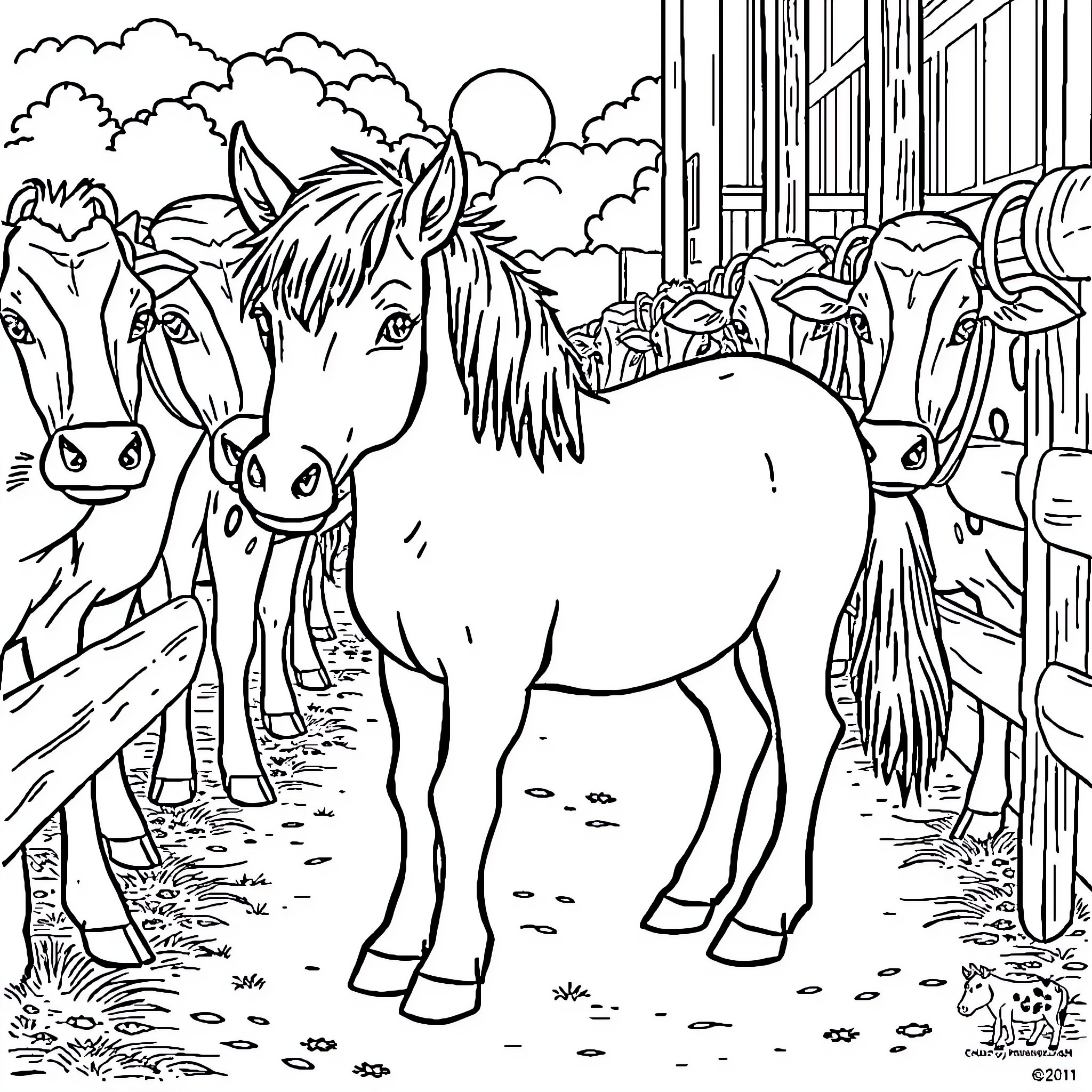 Pony enjoying the outdoors with friends Coloring Page (free black-and-white line drawing printable PDF for all, from beginners to advanced learners, including children, teens, adults, and seniors)
