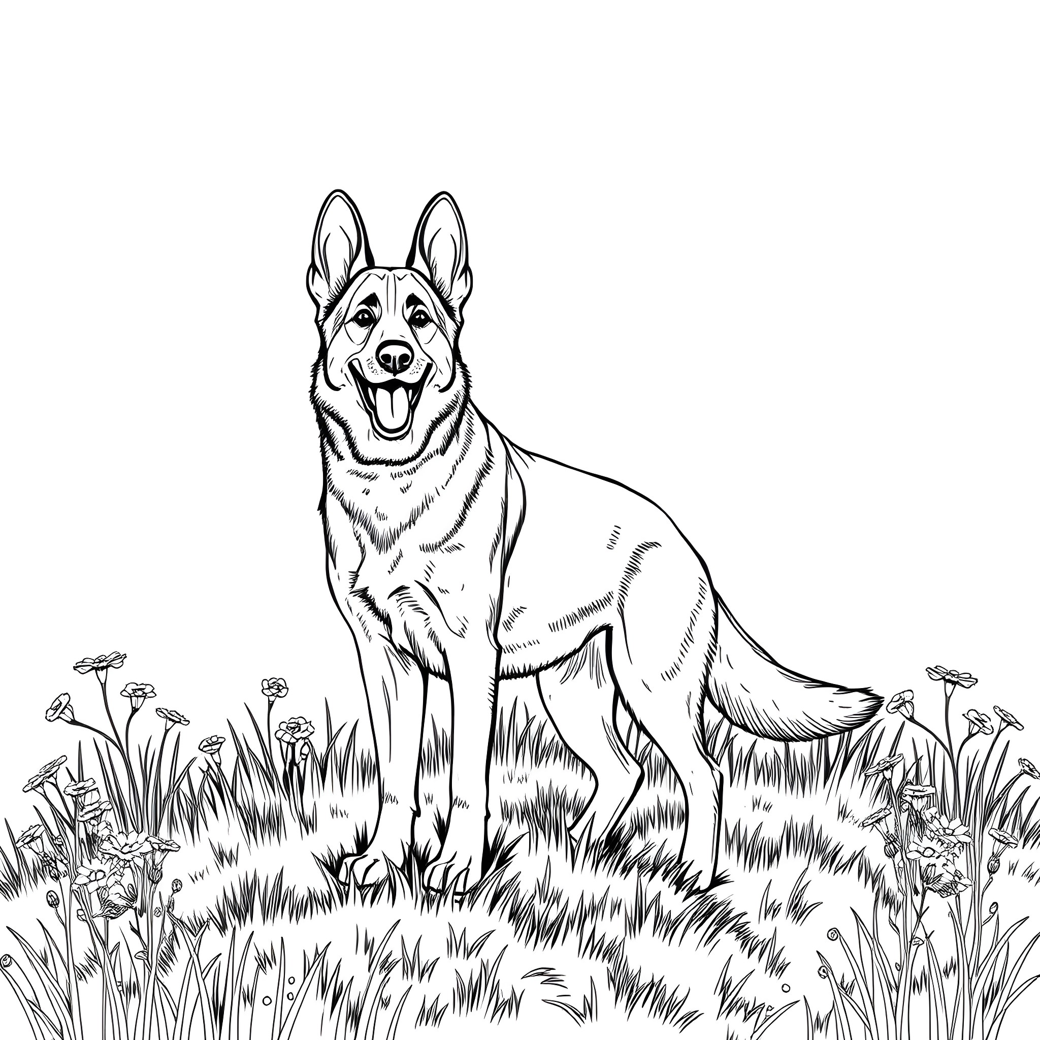German Shepherd Dog Standing in Grass Field Coloring Page (free black-and-white line drawing printable PDF for all, from beginners to advanced learners, including children, teens, adults, and seniors)