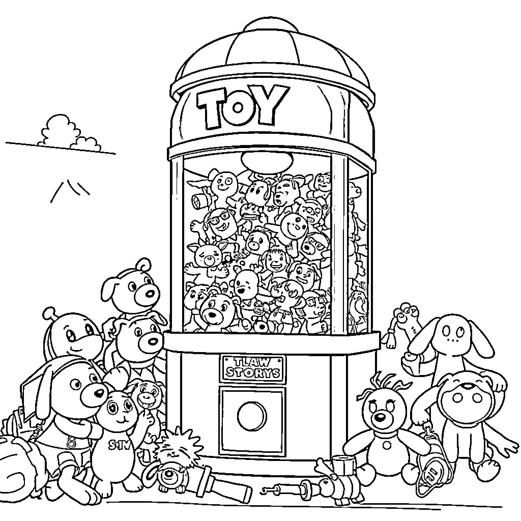 Claw crane filled with cute plush toys Coloring Page (free black-and-white line drawing printable PDF for all, from beginners to advanced learners, including children, teens, adults, and seniors)
