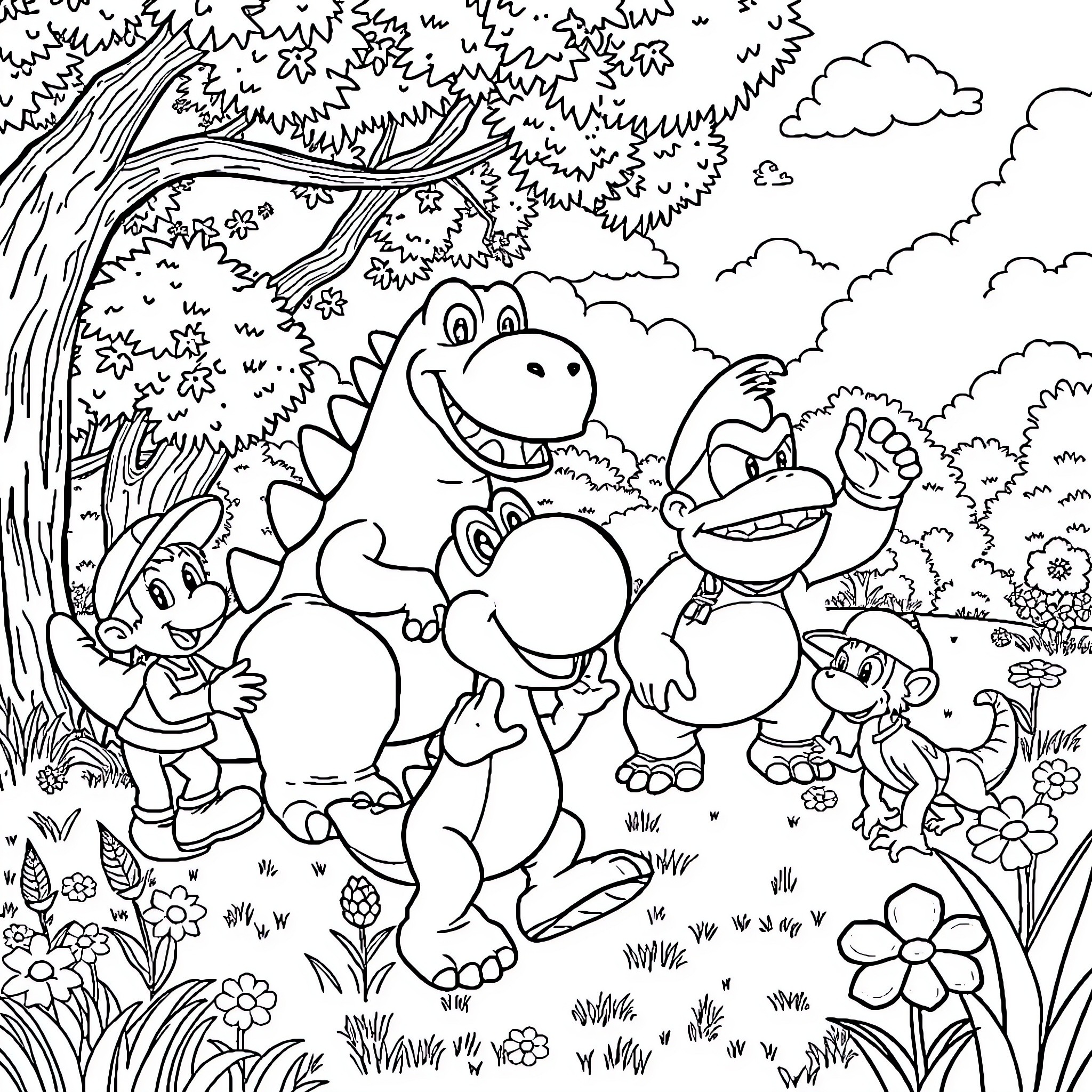 Friends enjoying a playful day in the park Coloring Page (free black-and-white line drawing printable PDF for all, from beginners to advanced learners, including children, teens, adults, and seniors)