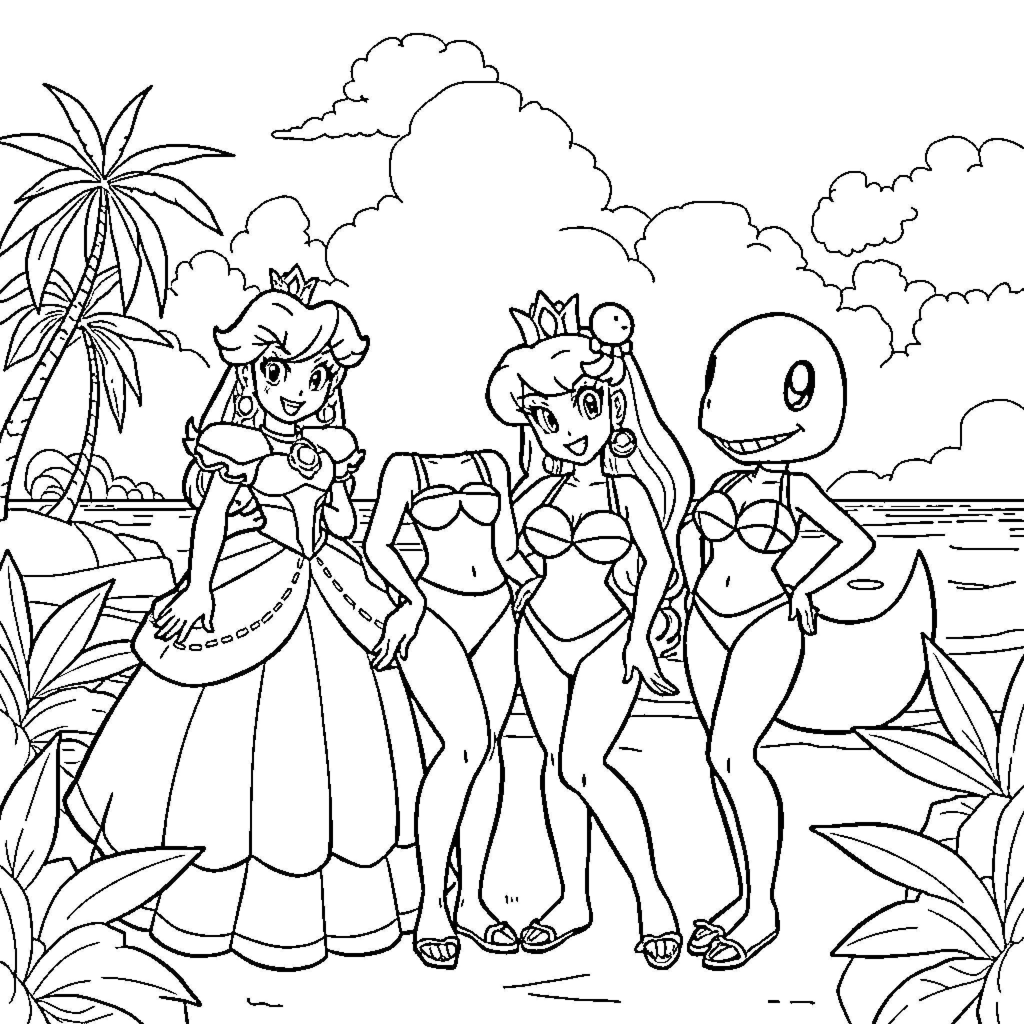 Princess and her Friends Enjoying the Beach Coloring Page (free black-and-white line drawing printable PDF for all, from beginners to advanced learners, including children, teens, adults, and seniors)