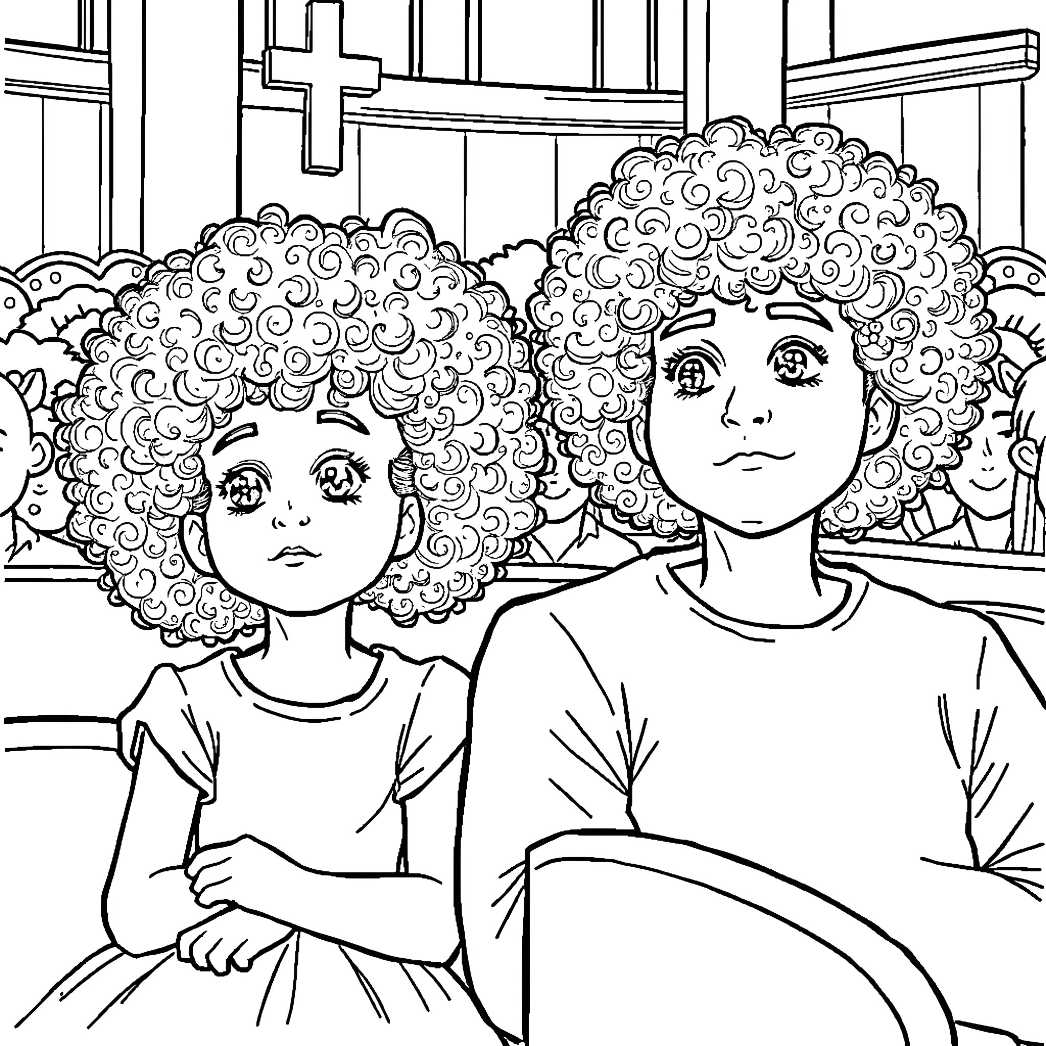 Girl siblings with curly hair in church Coloring Page (free black-and-white line drawing printable PDF for all, from beginners to advanced learners, including children, teens, adults, and seniors)