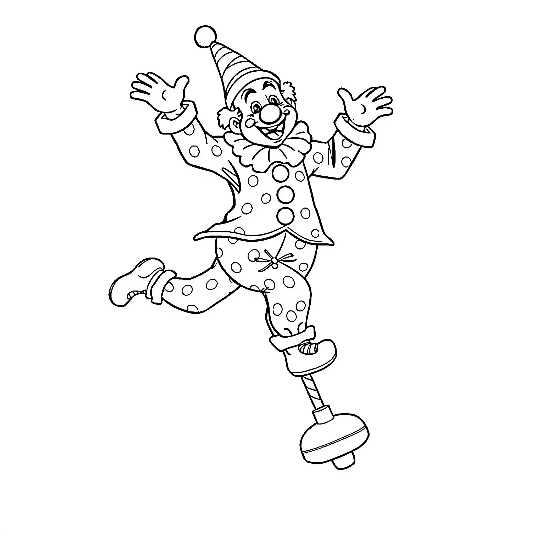 Clown performing joyful acrobatic moves Coloring Page (free black-and-white line drawing printable PDF for all, from beginners to advanced learners, including children, teens, adults, and seniors)