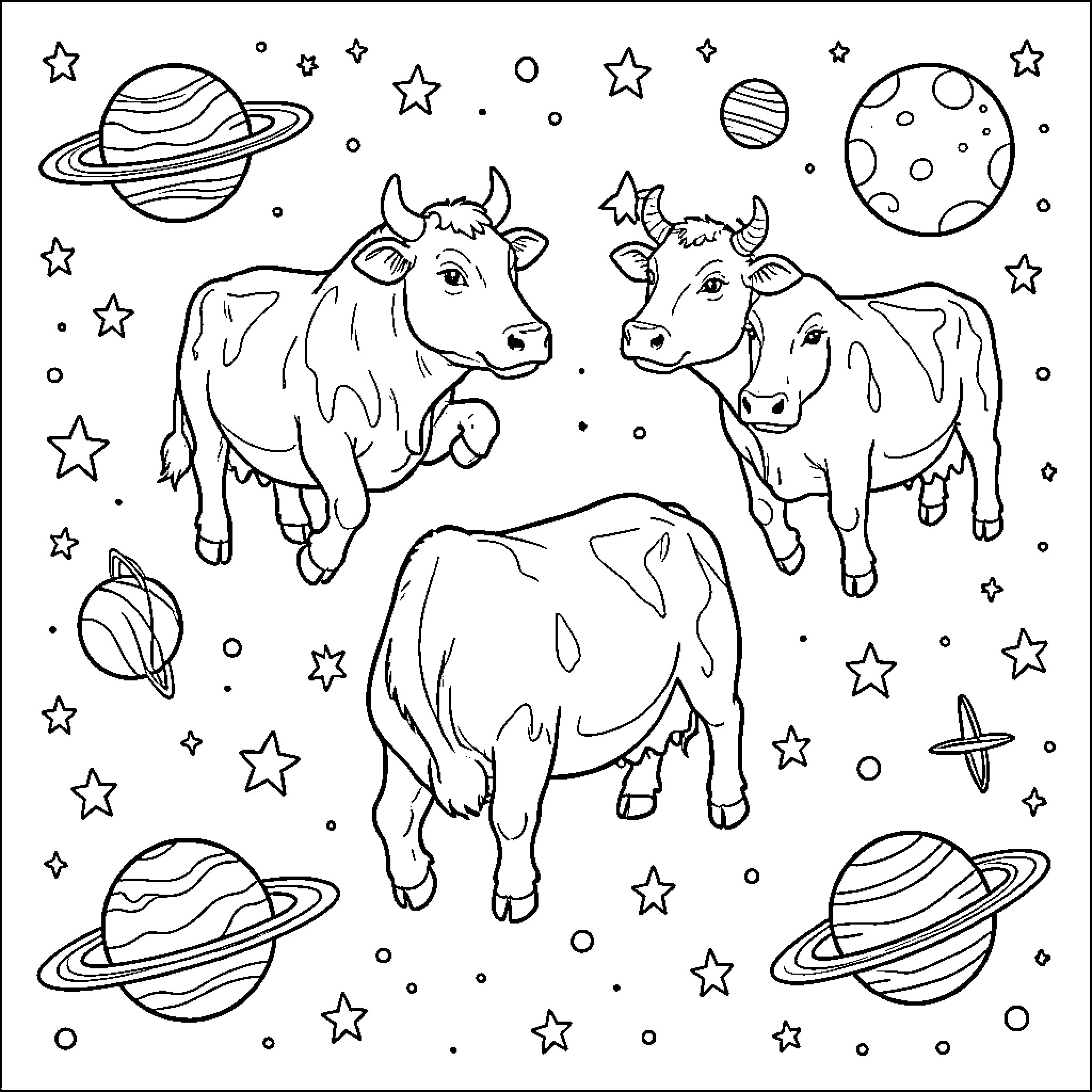 Cows explore the cosmic landscape Coloring Page (free black-and-white line drawing printable PDF for all, from beginners to advanced learners, including children, teens, adults, and seniors)