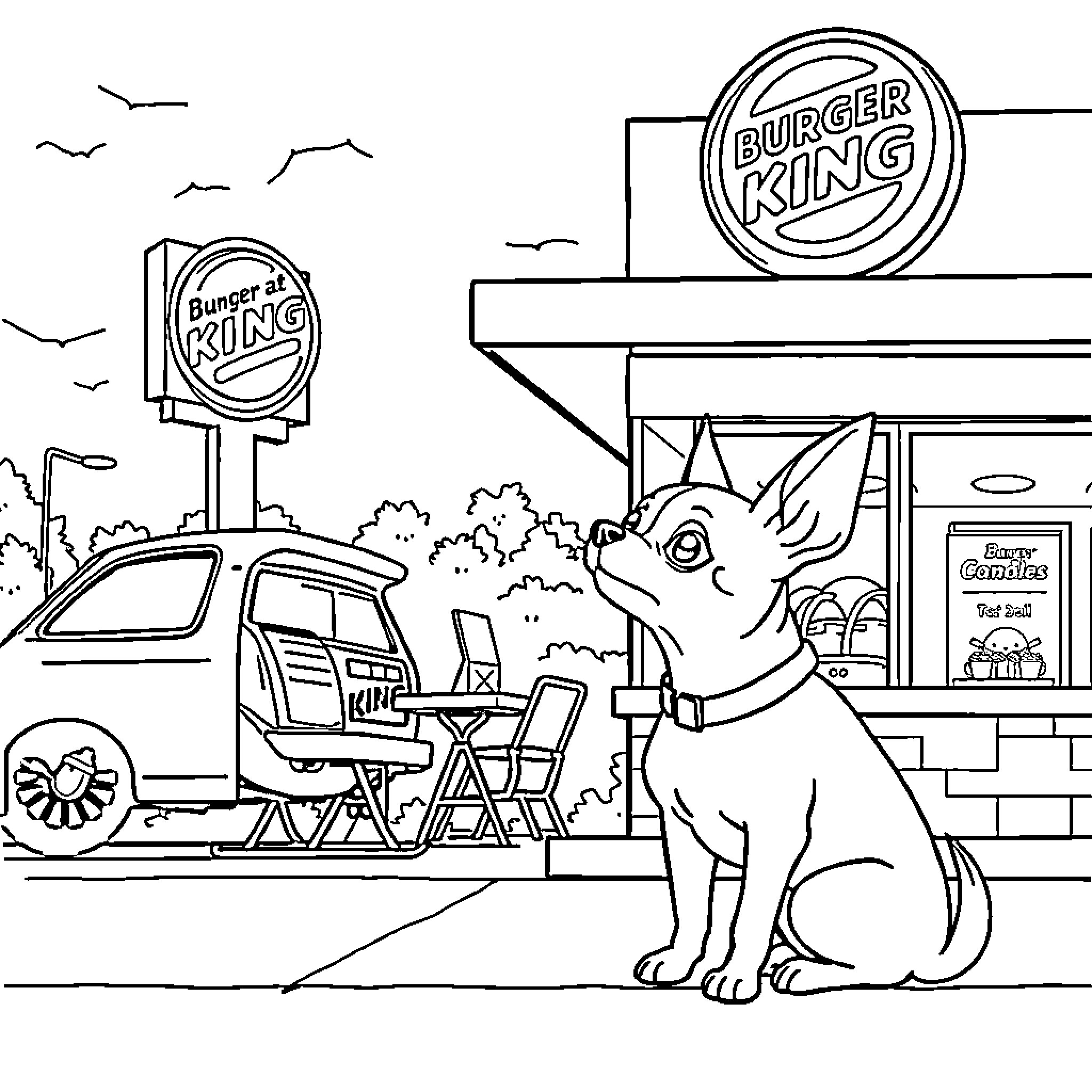 Chihuahua lounging at the Burger King Coloring Page (free black-and-white line drawing printable PDF for all, from beginners to advanced learners, including children, teens, adults, and seniors)