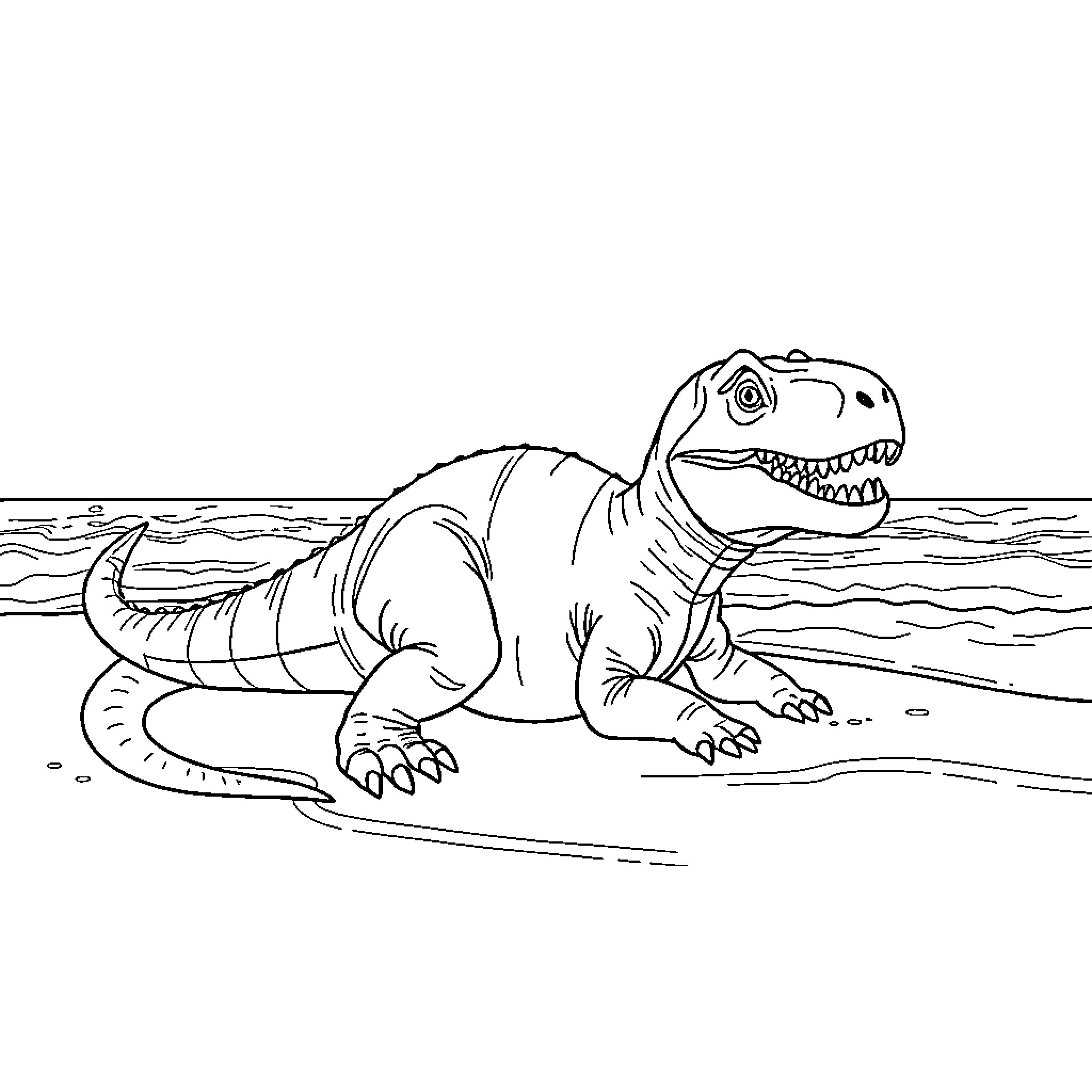 Trex resting on the beach Coloring Page (free black-and-white line drawing printable PDF for all, from beginners to advanced learners, including children, teens, adults, and seniors)