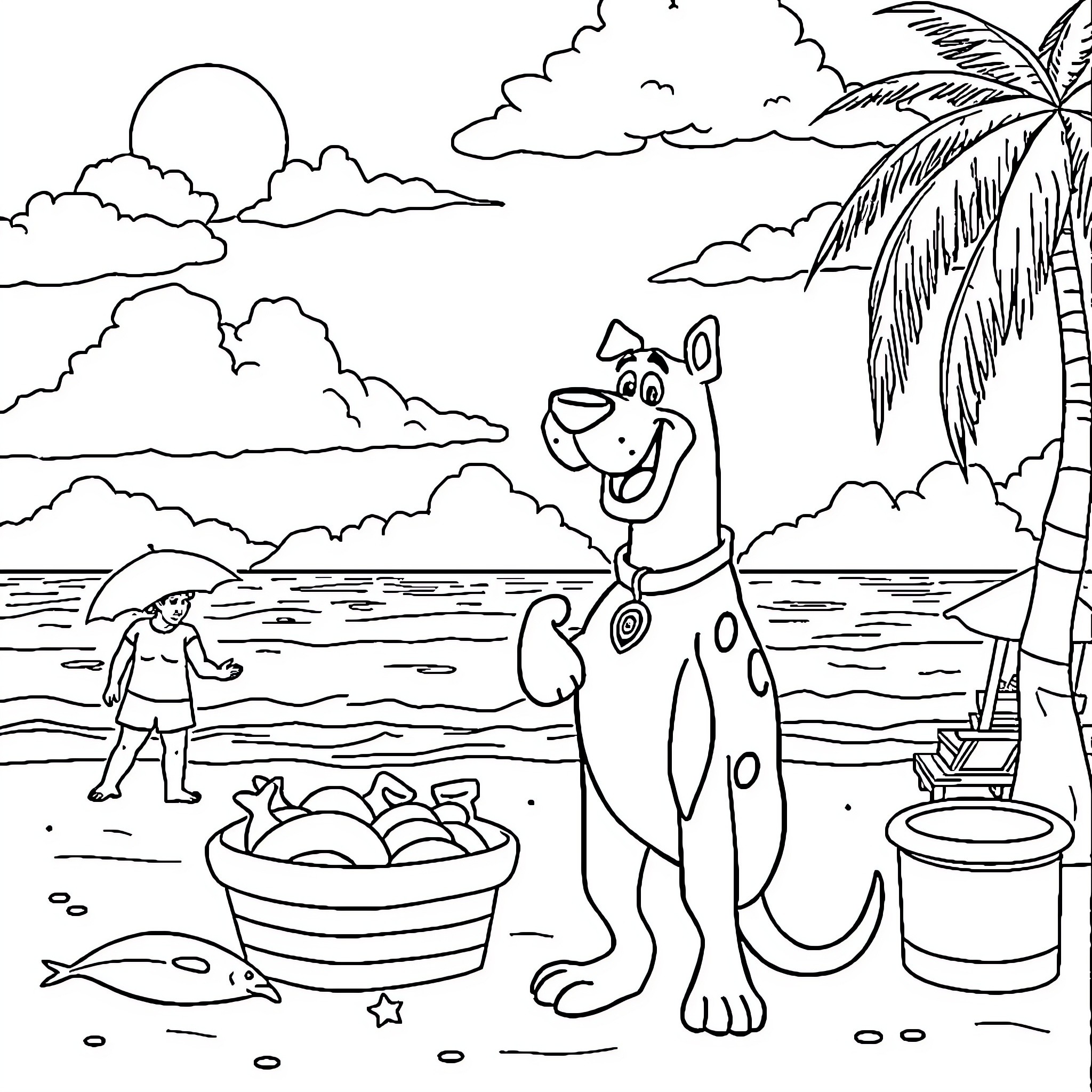 Scooby Doo's Tropical Adventure Coloring Page (free black-and-white line drawing printable PDF for all, from beginners to advanced learners, including children, teens, adults, and seniors)