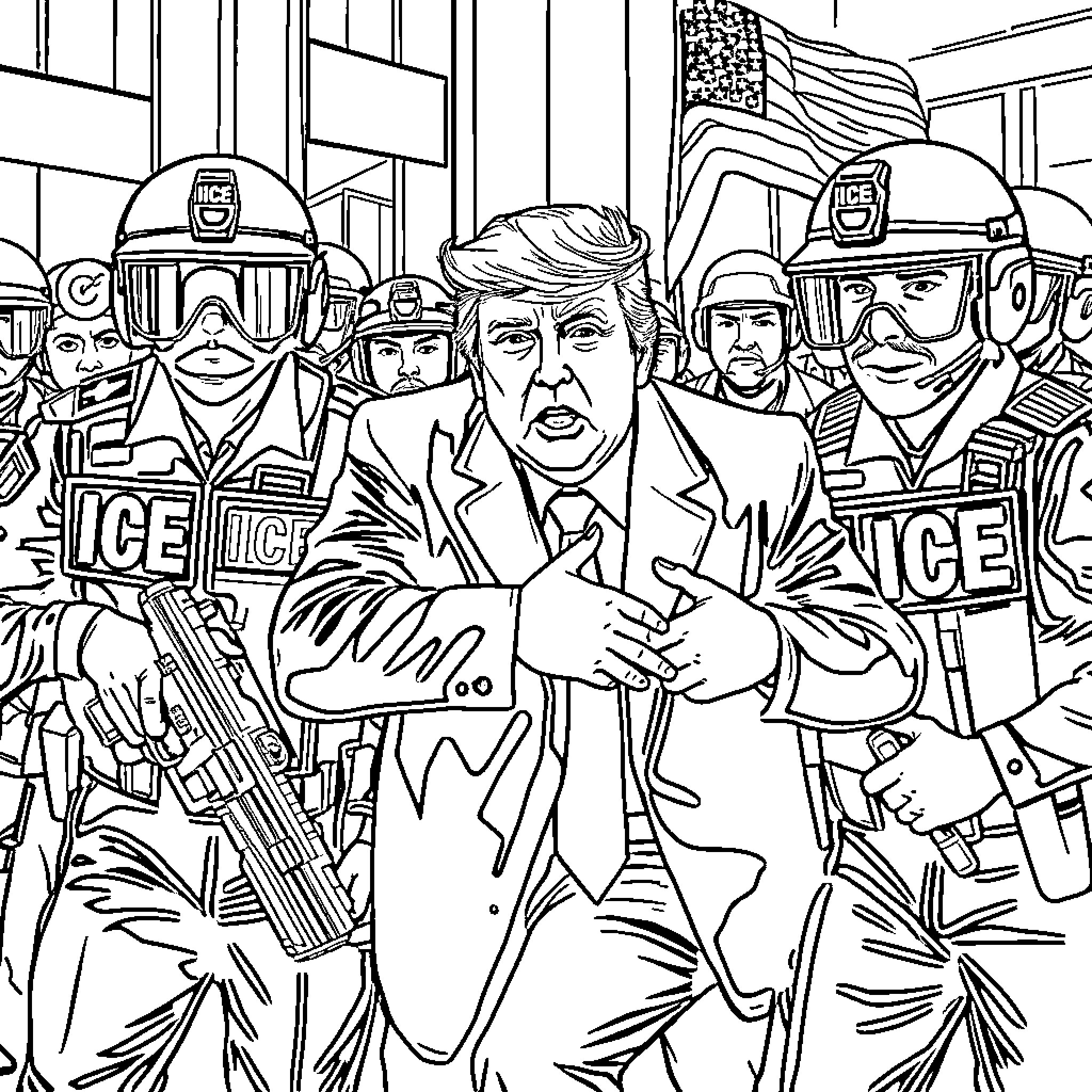 Donald Trump surrounded by ICE officers during a protest Coloring Page (free black-and-white line drawing printable PDF for all, from beginners to advanced learners, including children, teens, adults, and seniors)