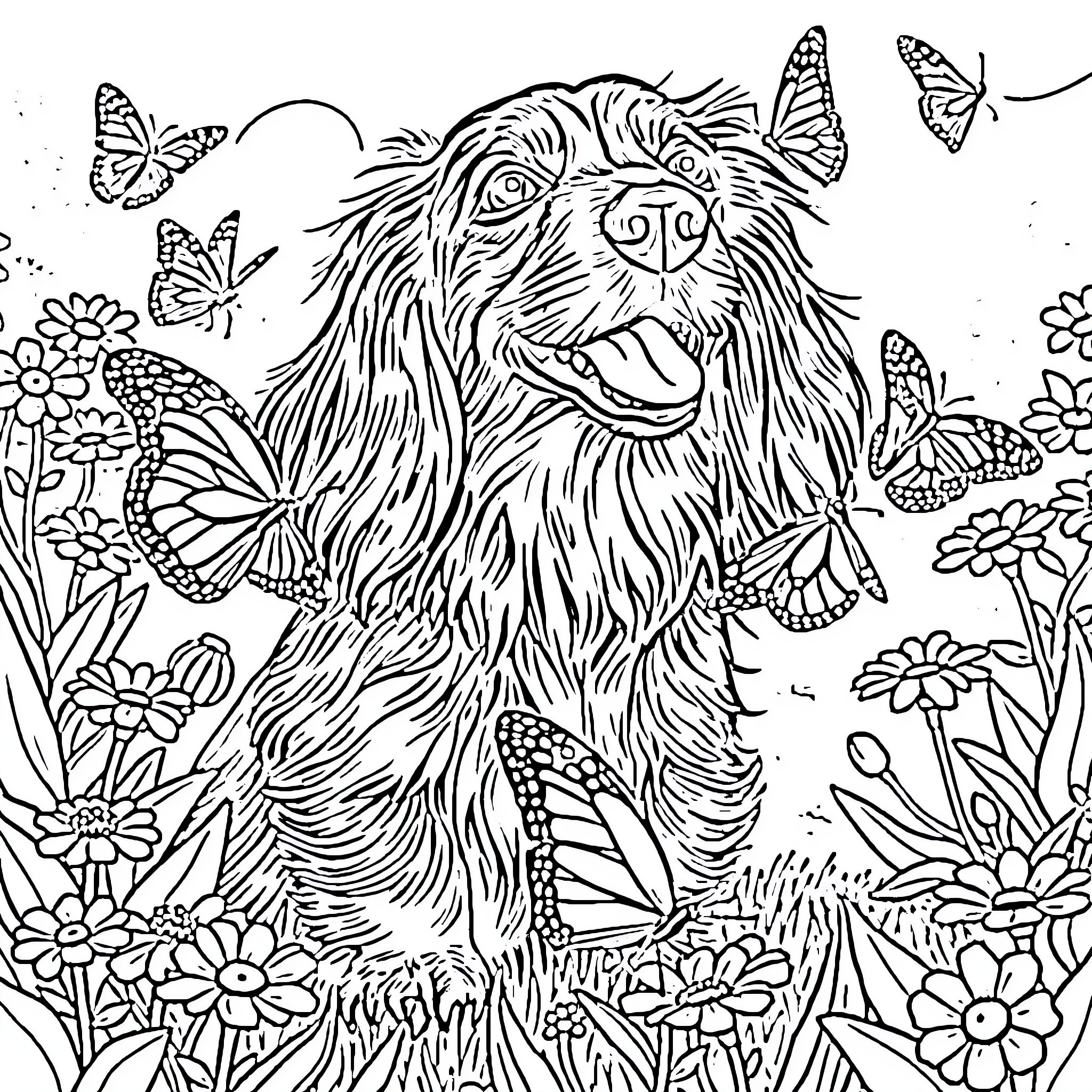 Dachshund surrounded by whimsical butterflies and flowers Coloring Page (free black-and-white line drawing printable PDF for all, from beginners to advanced learners, including children, teens, adults, and seniors)