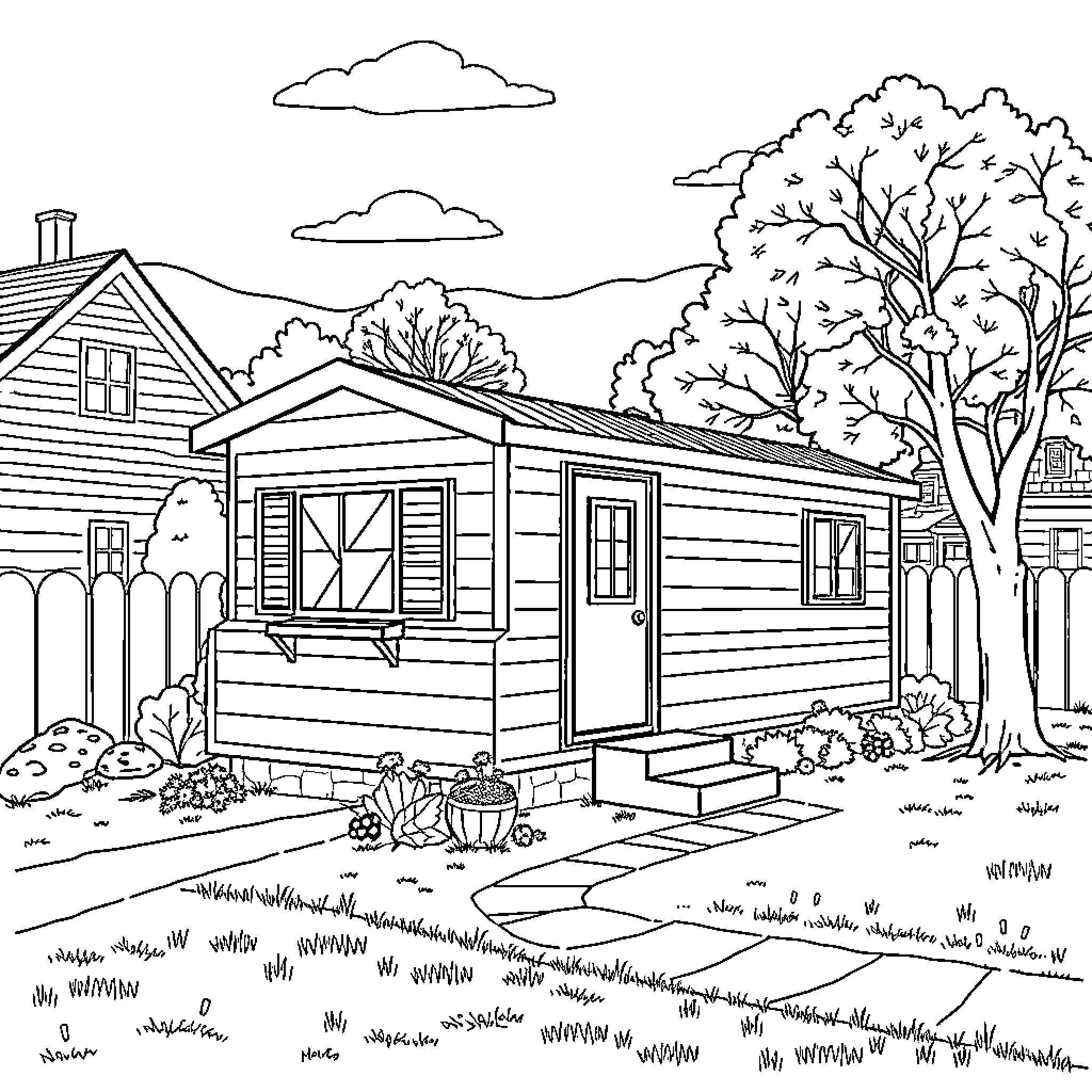 Mobile Home Nestled in Scenic Countryside Coloring Page (free black-and-white line drawing printable PDF for all, from beginners to advanced learners, including children, teens, adults, and seniors)