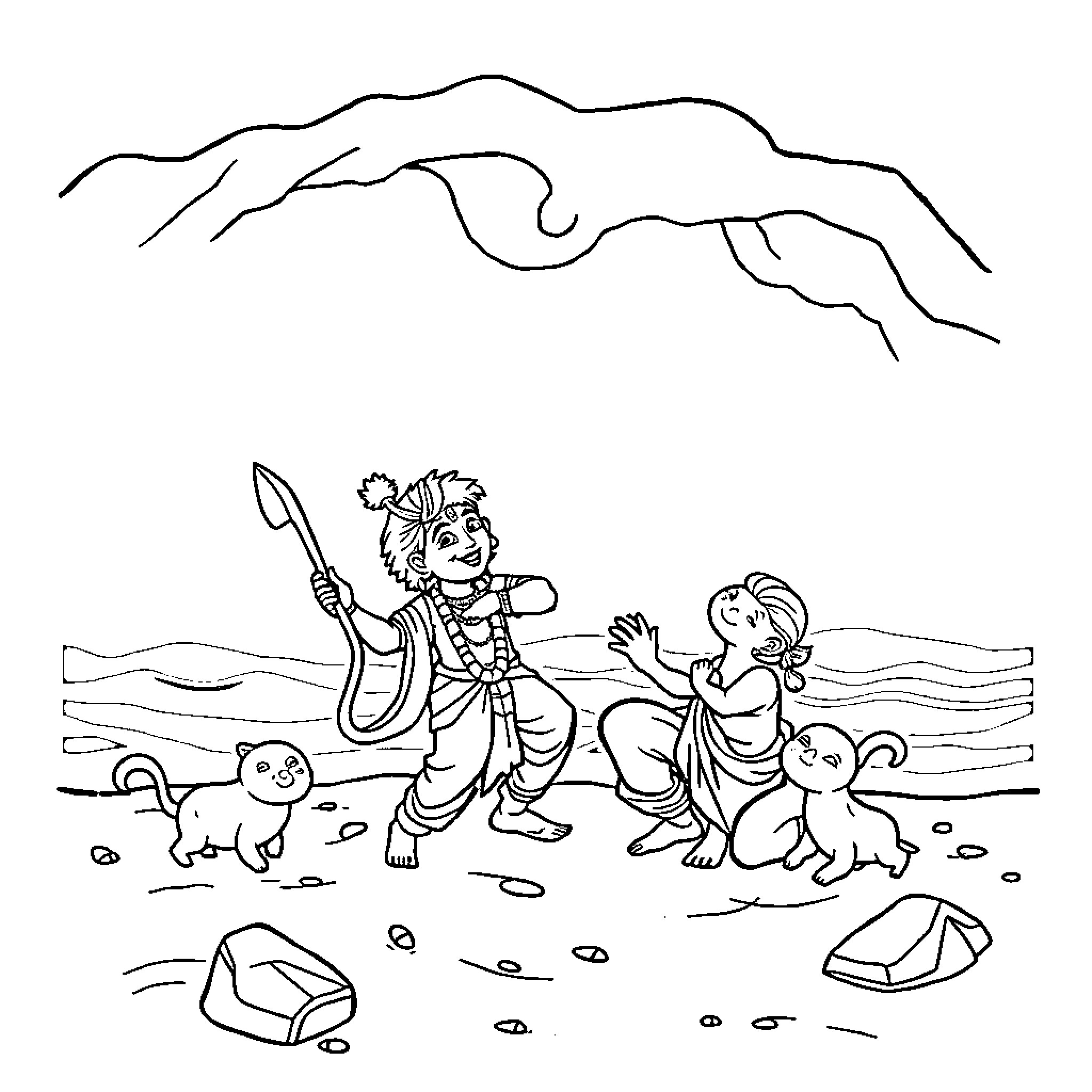 Krishna playing with his companions in the countryside Coloring Page (free black-and-white line drawing printable PDF for all, from beginners to advanced learners, including children, teens, adults, and seniors)
