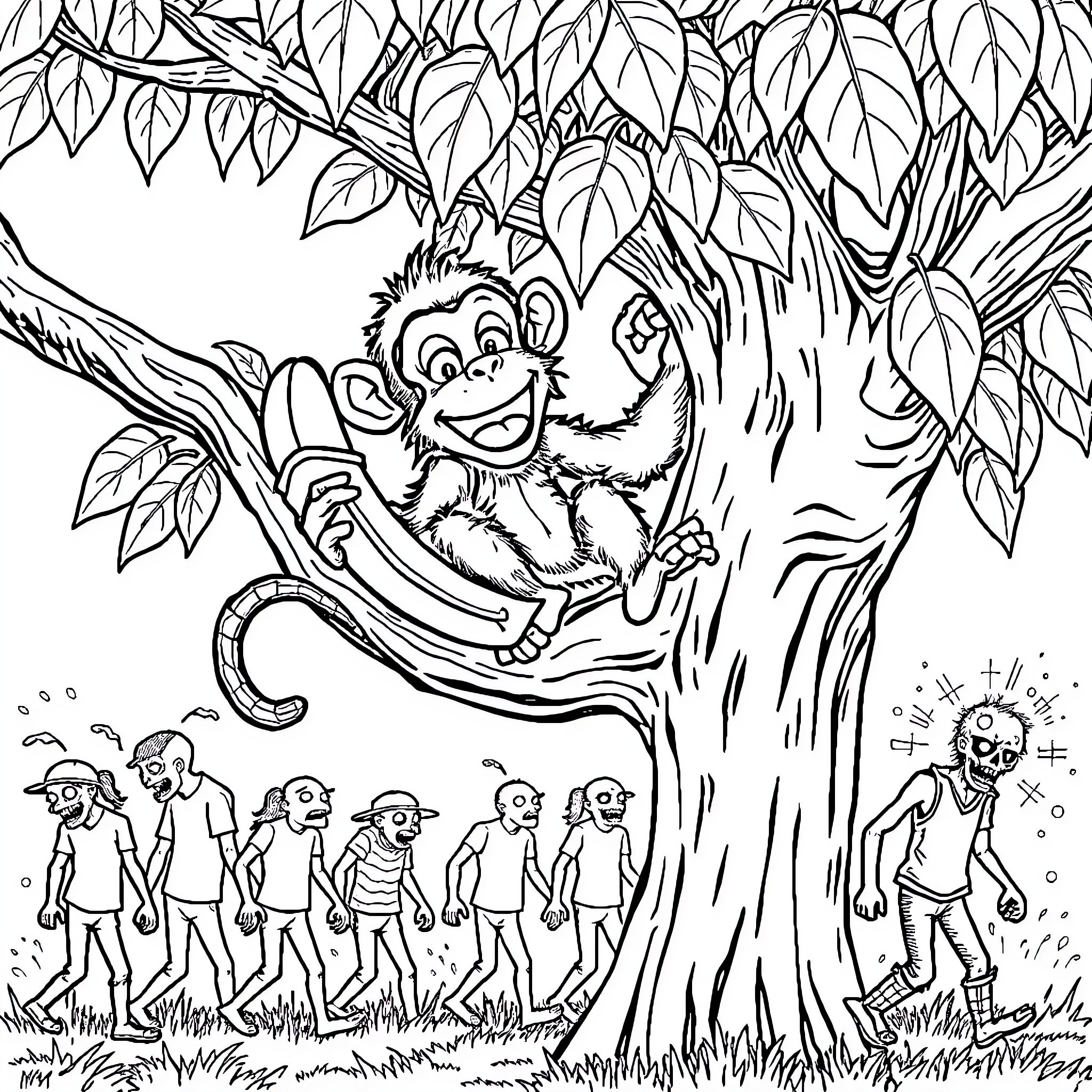 Monkey Swinging in Tree Surrounded by Hikers Coloring Page (free black-and-white line drawing printable PDF for all, from beginners to advanced learners, including children, teens, adults, and seniors)