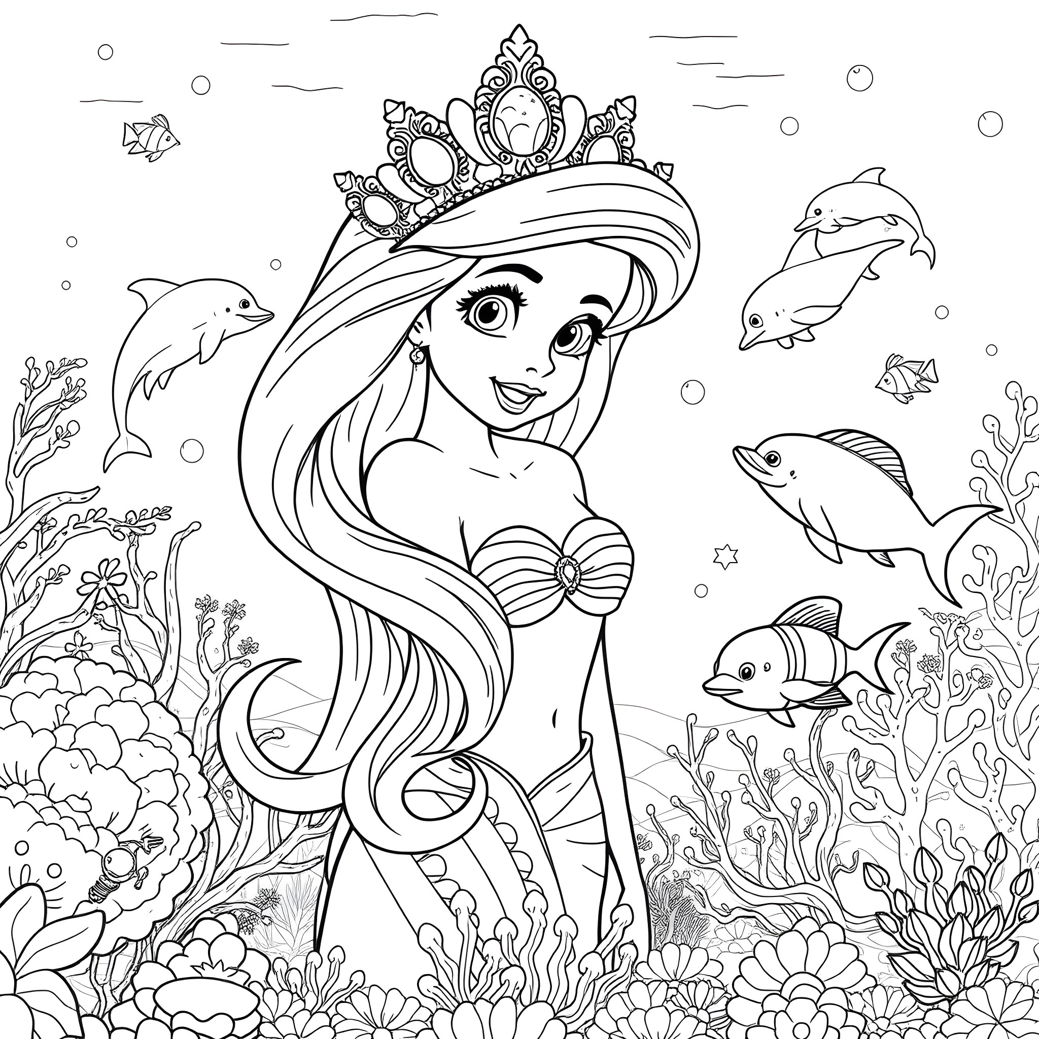 Ariel, the Mermaid Princess, Explores the Underwater World Coloring Page (free black-and-white line drawing printable PDF for all, from beginners to advanced learners, including children, teens, adults, and seniors)