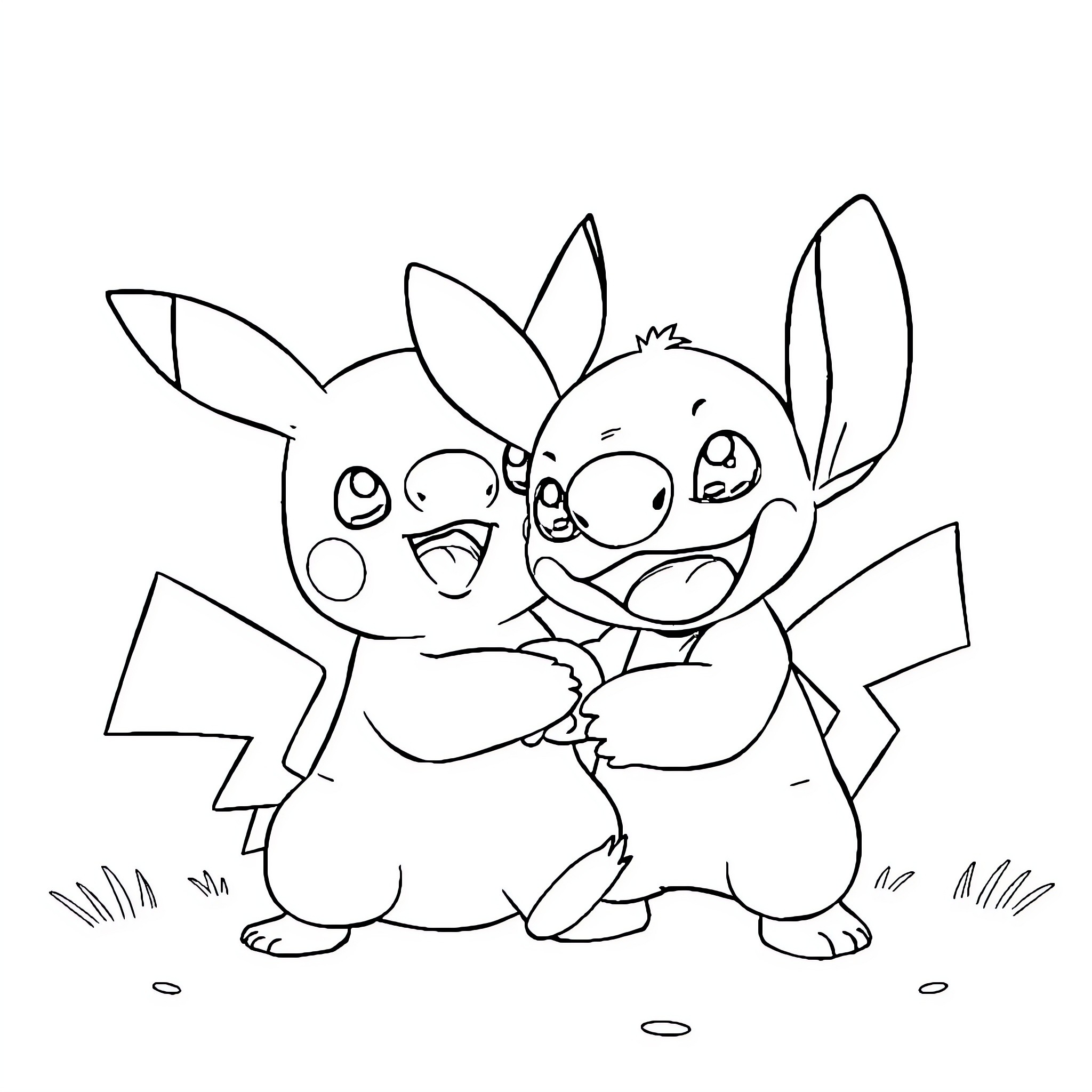 Pikachu and Stitch playing together happily Coloring Page (free black-and-white line drawing printable PDF for all, from beginners to advanced learners, including children, teens, adults, and seniors)