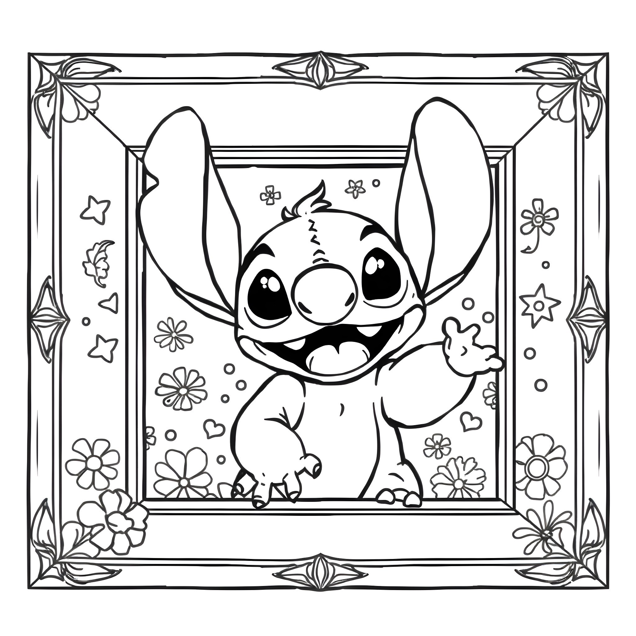 Stitch smiling and surrounded by flowers Coloring Page (free black-and-white line drawing printable PDF for all, from beginners to advanced learners, including children, teens, adults, and seniors)