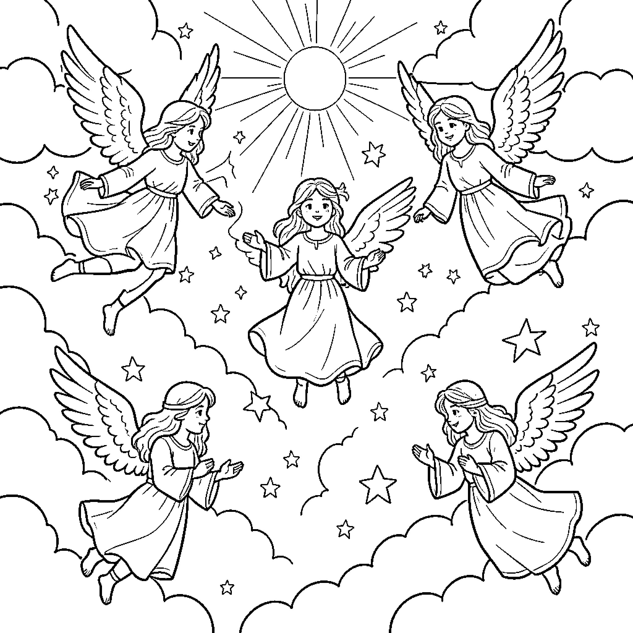 Angels Joyfully Celebrating in the Heavens Coloring Page (free black-and-white line drawing printable PDF for all, from beginners to advanced learners, including children, teens, adults, and seniors)