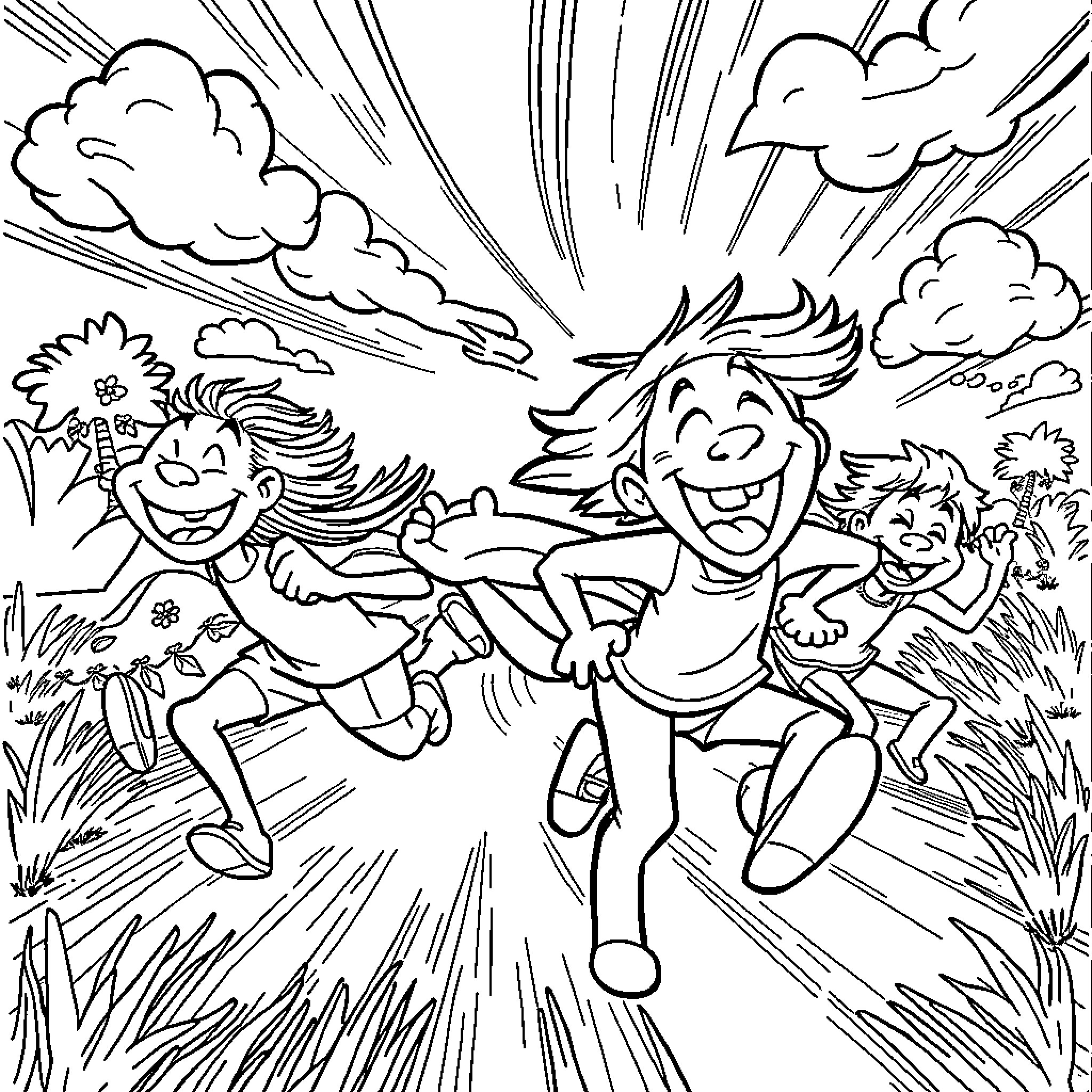 Chase of Joyful Children in the Outdoors Coloring Page (free black-and-white line drawing printable PDF for all, from beginners to advanced learners, including children, teens, adults, and seniors)