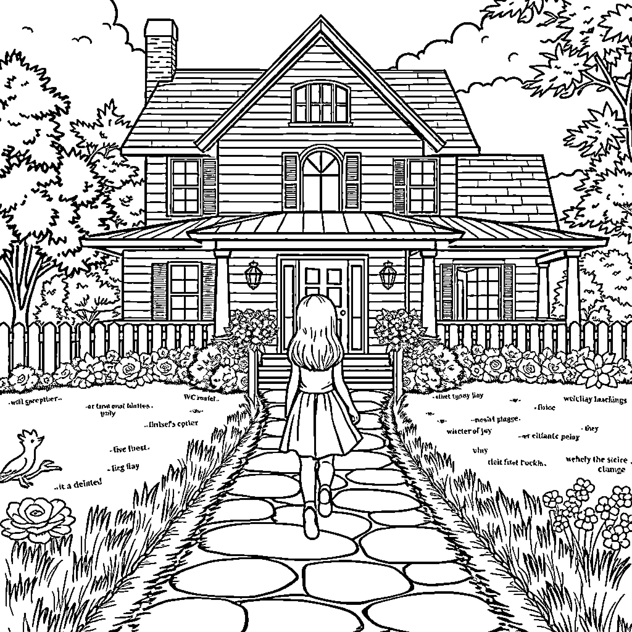 Girl walking towards an old-fashioned house with a garden Coloring Page (free black-and-white line drawing printable PDF for all, from beginners to advanced learners, including children, teens, adults, and seniors)