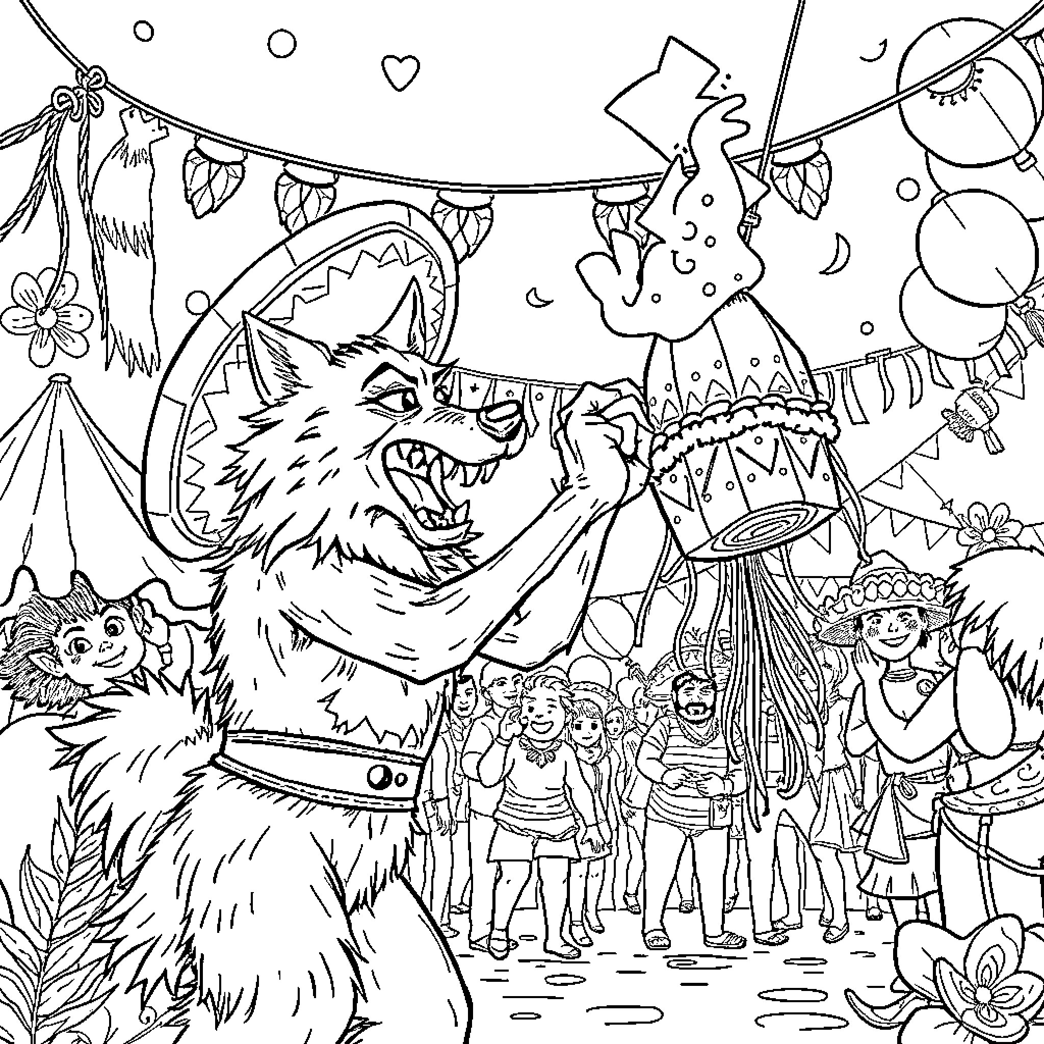 Werewolf Celebrates at the Carnival with Colorful Decorations Coloring Page (free black-and-white line drawing printable PDF for all, from beginners to advanced learners, including children, teens, adults, and seniors)