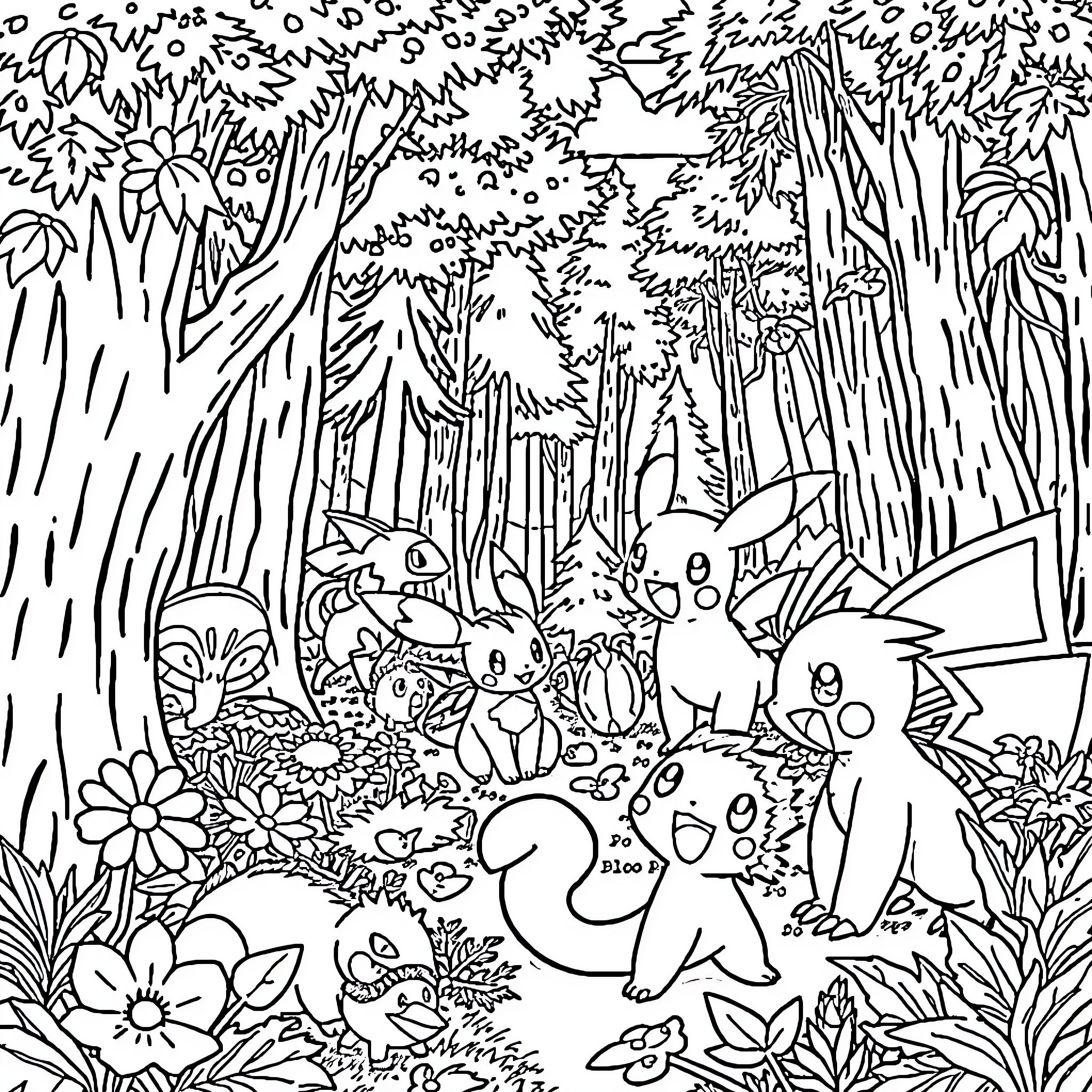 Pokémon exploring a lush, forested environment Coloring Page (free black-and-white line drawing printable PDF for all, from beginners to advanced learners, including children, teens, adults, and seniors)