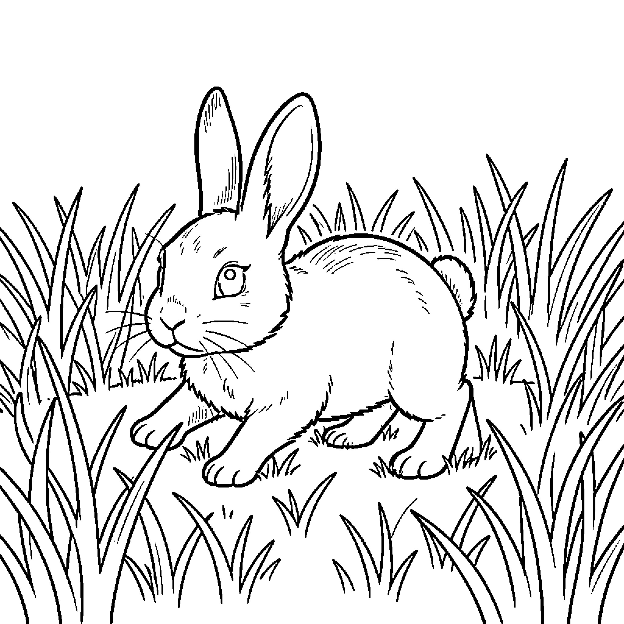 Rabbit sitting calmly in the tall grass Coloring Page (free black-and-white line drawing printable PDF for all, from beginners to advanced learners, including children, teens, adults, and seniors)
