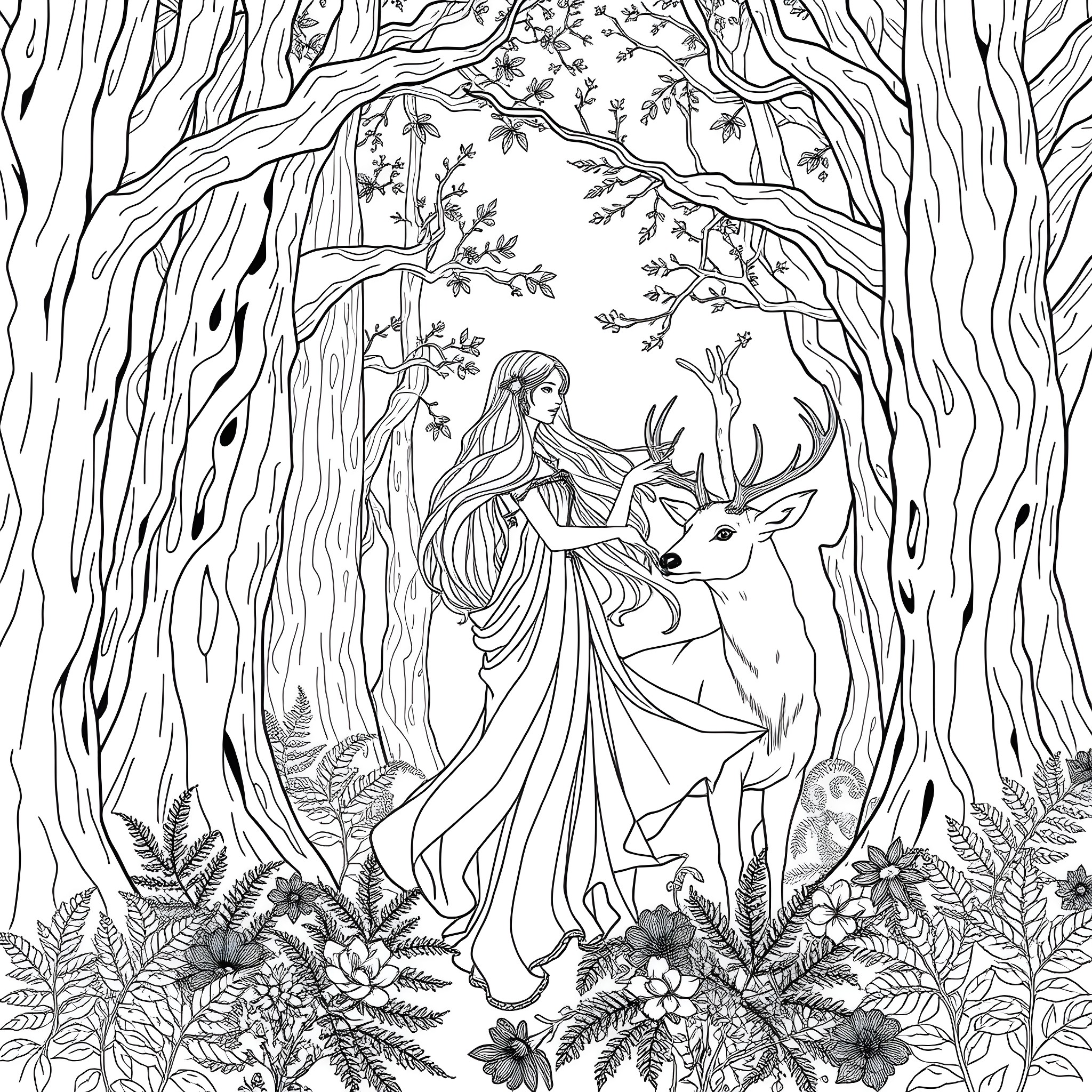 Danu's Enchanted Forest Encounter Coloring Page (free black-and-white line drawing printable PDF for all, from beginners to advanced learners, including children, teens, adults, and seniors)