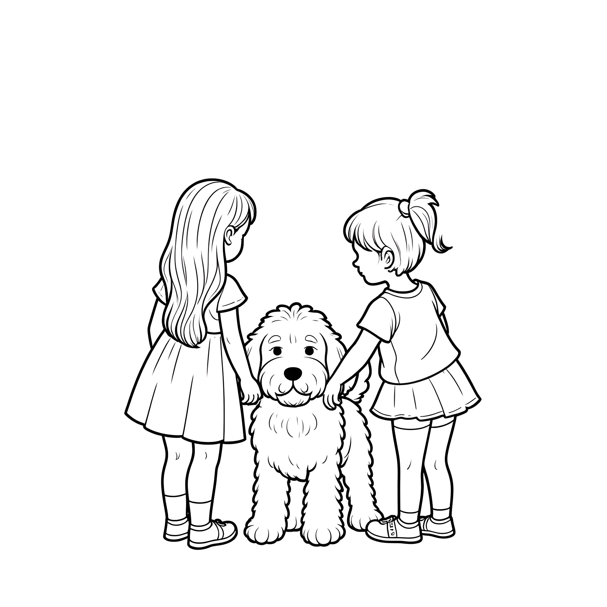 Labradoodle playing with two young girls Coloring Page (free black-and-white line drawing printable PDF for all, from beginners to advanced learners, including children, teens, adults, and seniors)