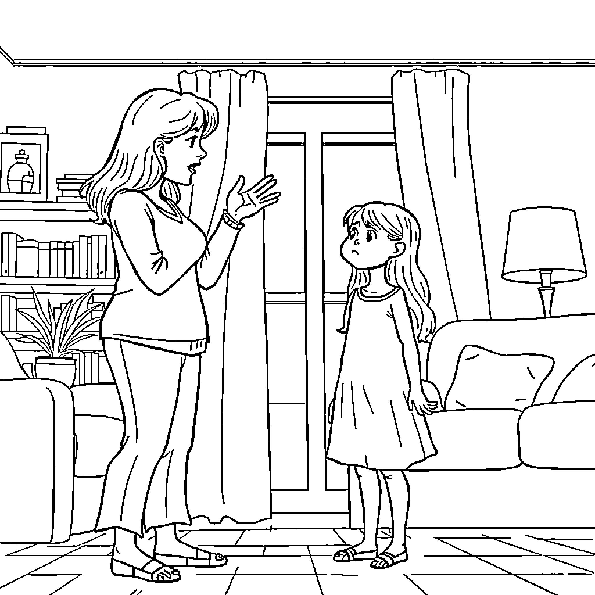 Mother comforting her daughter in the living room Coloring Page (free black-and-white line drawing printable PDF for all, from beginners to advanced learners, including children, teens, adults, and seniors)