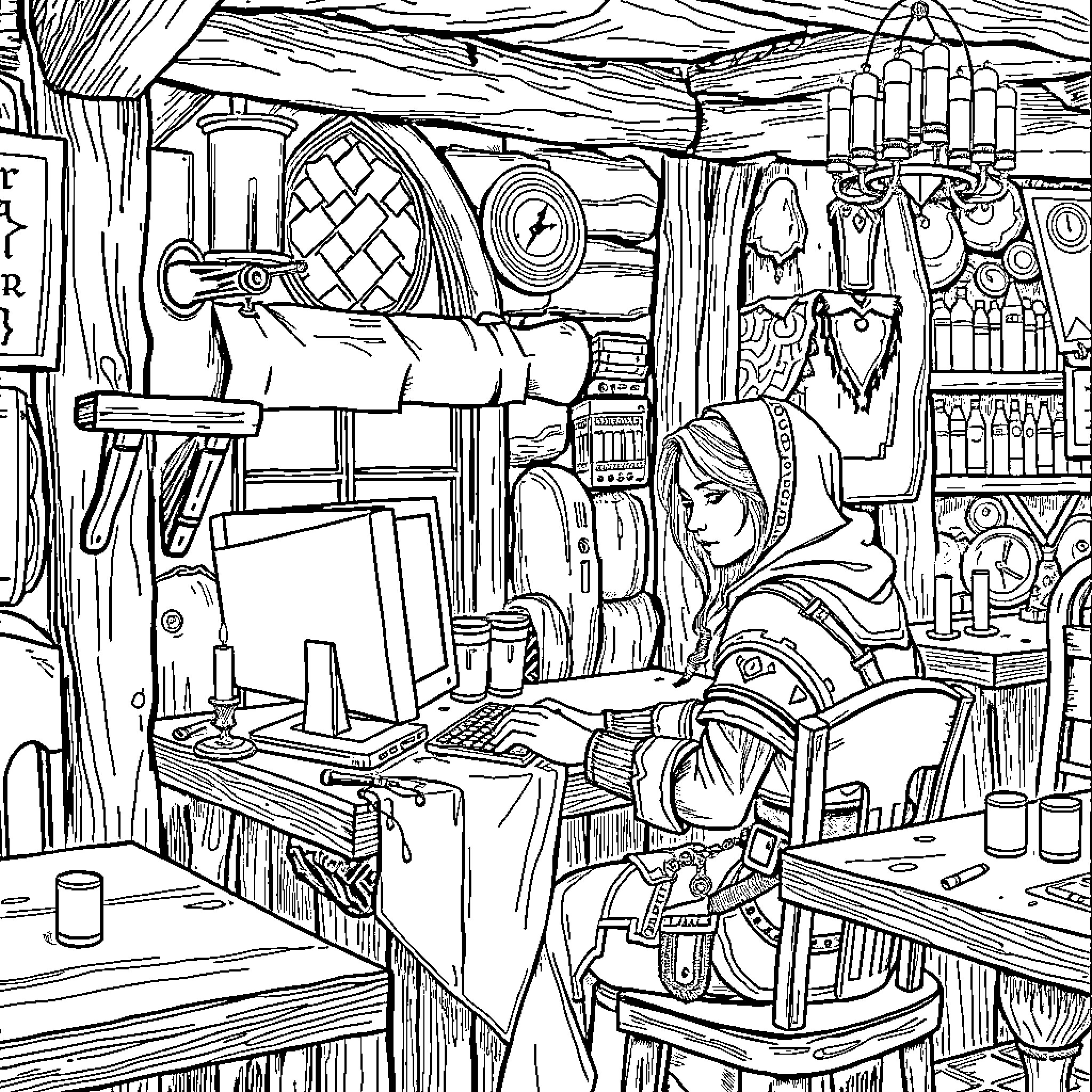 Ysolda's Cozy Workshop Filled with Eclectic Items Coloring Page (free black-and-white line drawing printable PDF for all, from beginners to advanced learners, including children, teens, adults, and seniors)