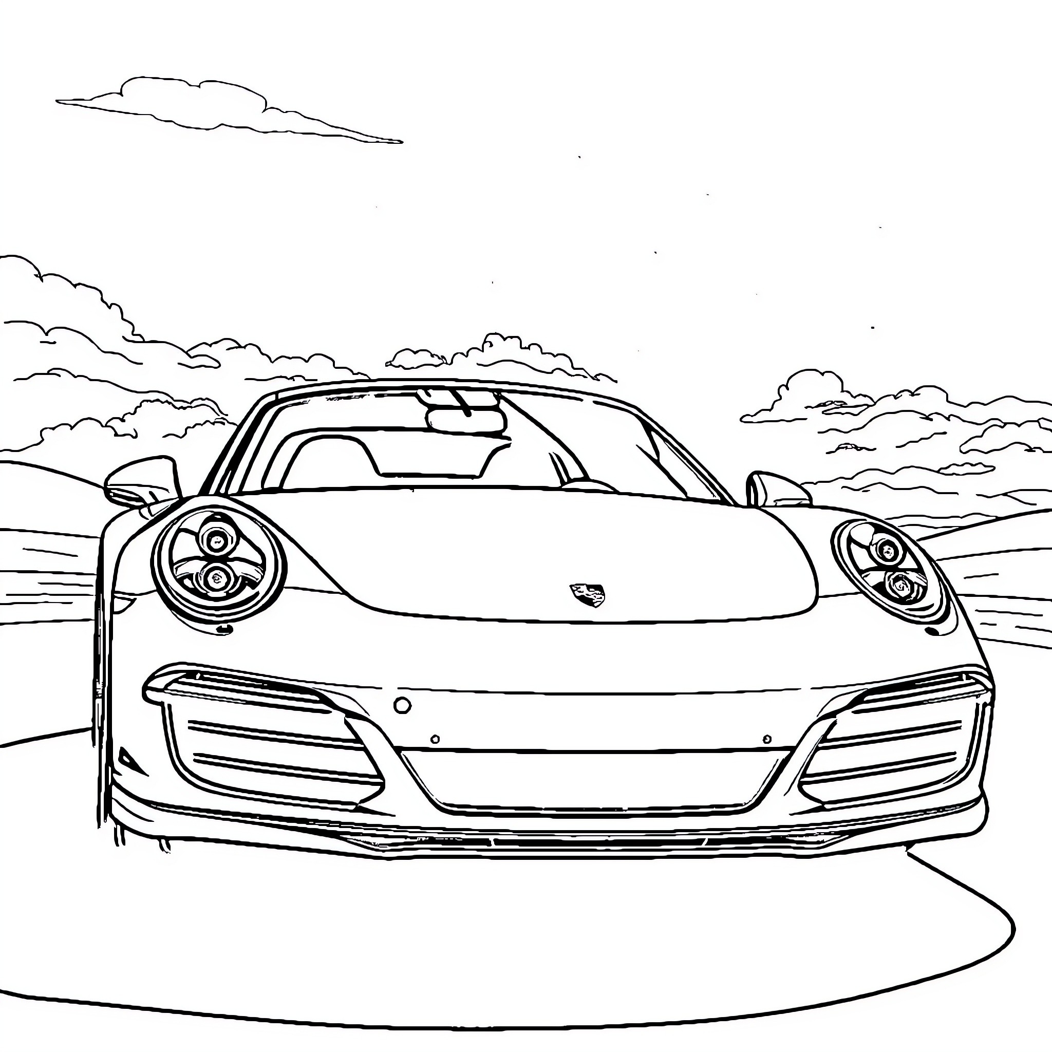 Porsche 911 speeding through scenic landscape Coloring Page (free black-and-white line drawing printable PDF for all, from beginners to advanced learners, including children, teens, adults, and seniors)
