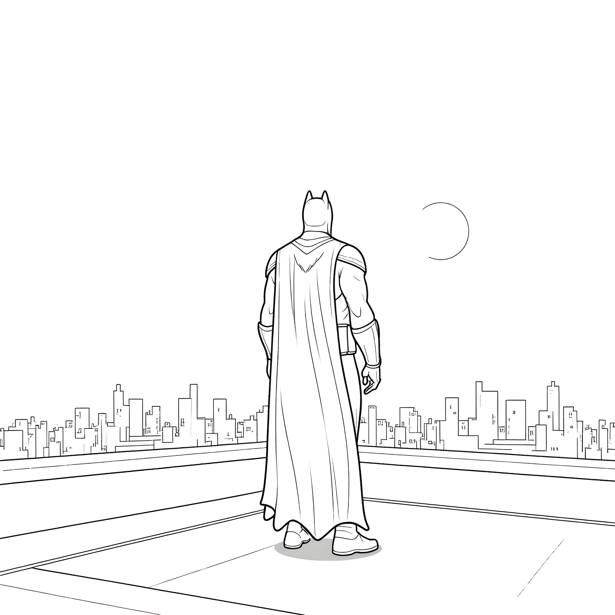 Batman standing tall over the city Coloring Page (free black-and-white line drawing printable PDF for all, from beginners to advanced learners, including children, teens, adults, and seniors)
