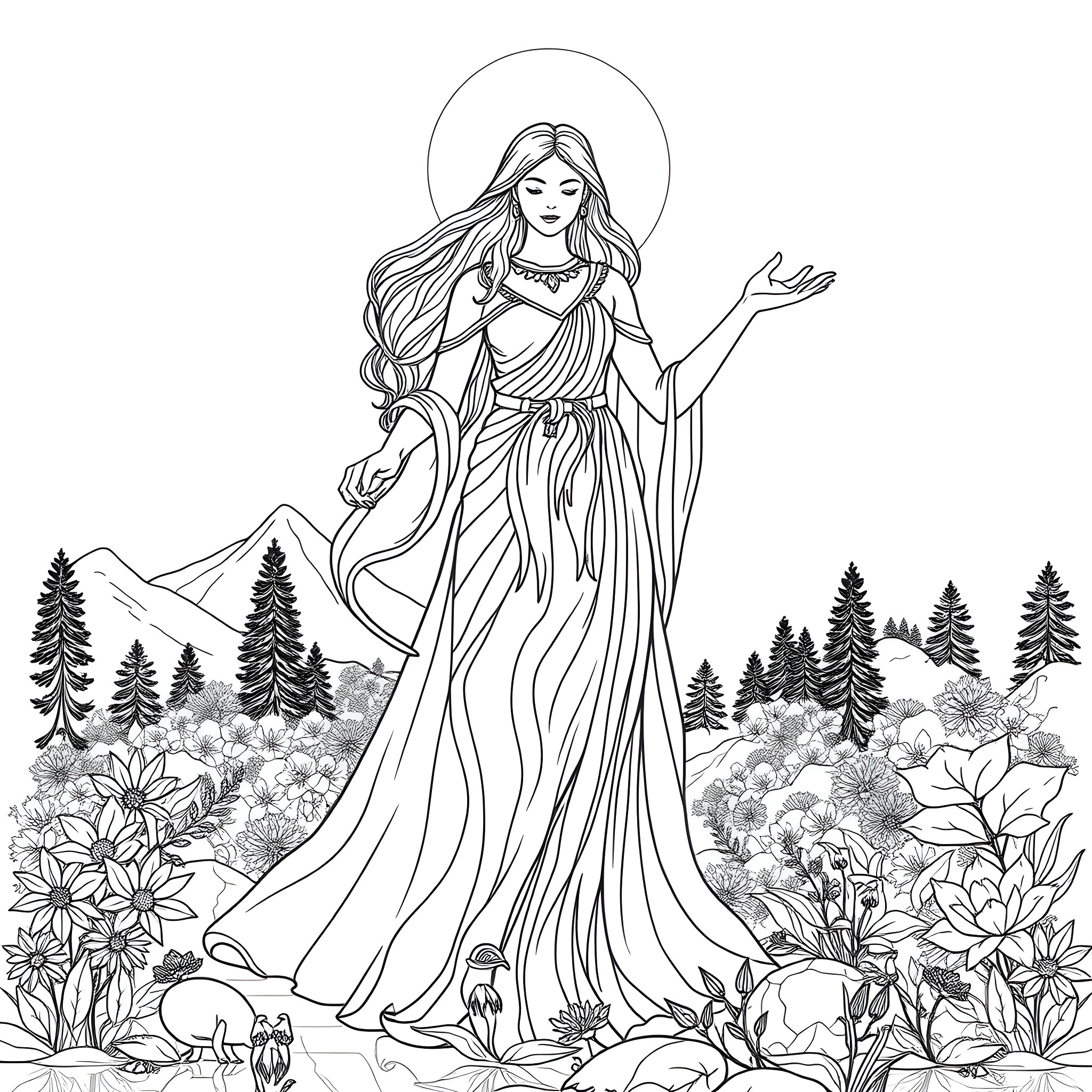 Mother Nature's Ethereal Presence in the Wilderness Coloring Page (free black-and-white line drawing printable PDF for all, from beginners to advanced learners, including children, teens, adults, and seniors)