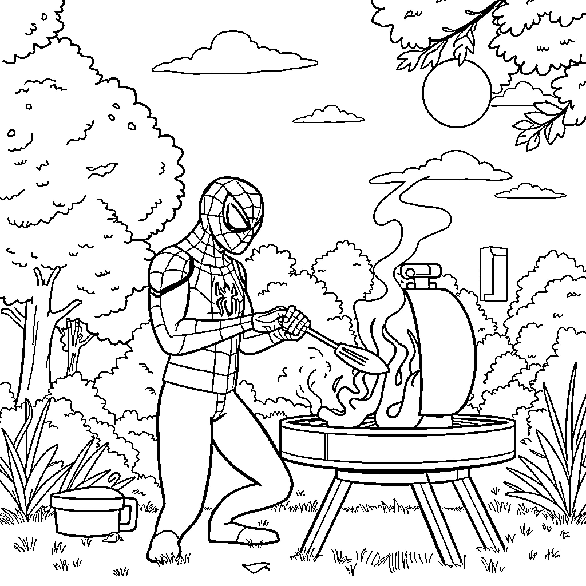 Spiderman grilling outdoors with forest background Coloring Page (free black-and-white line drawing printable PDF for all, from beginners to advanced learners, including children, teens, adults, and seniors)