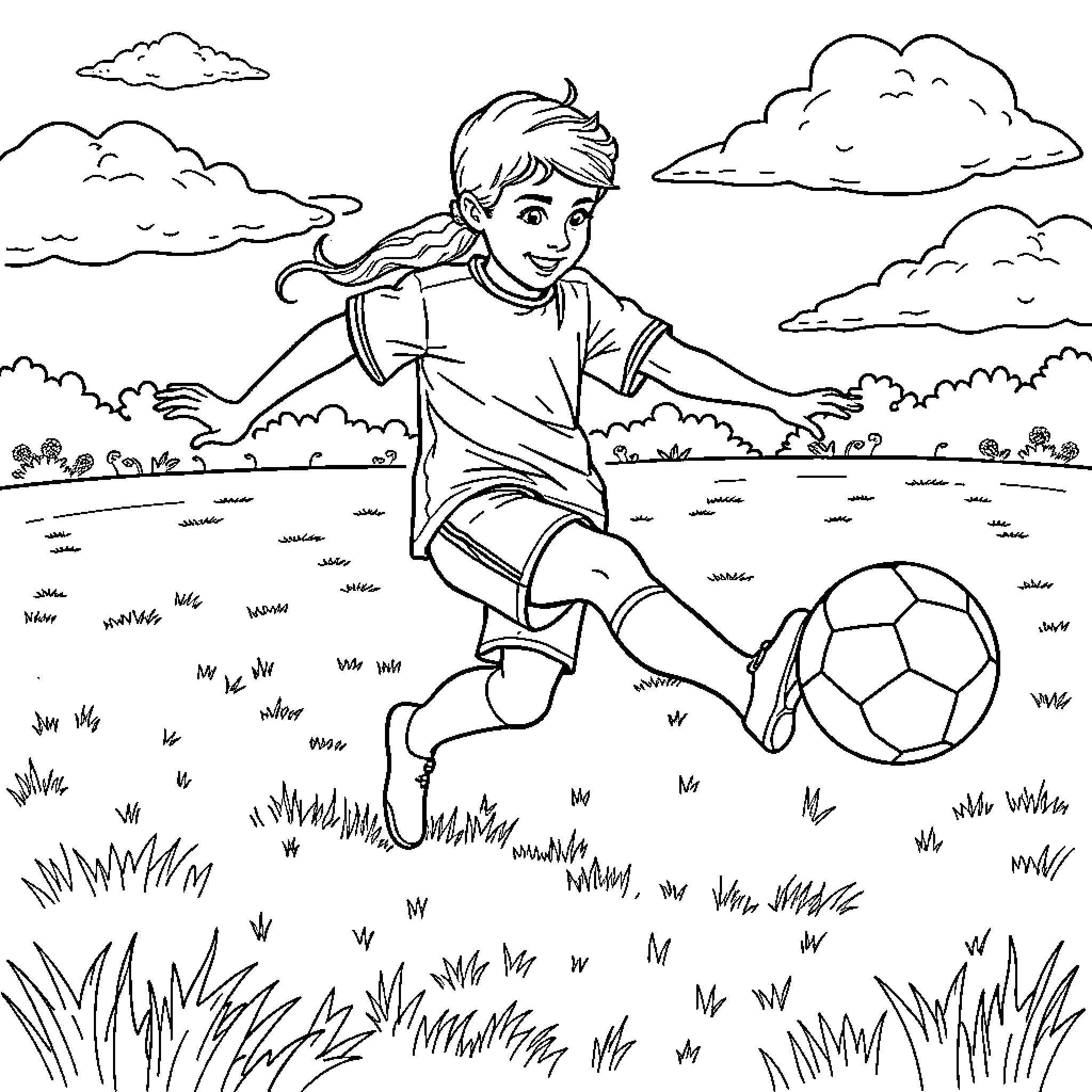 Else Playing Soccer in the Countryside Coloring Page (free black-and-white line drawing printable PDF for all, from beginners to advanced learners, including children, teens, adults, and seniors)