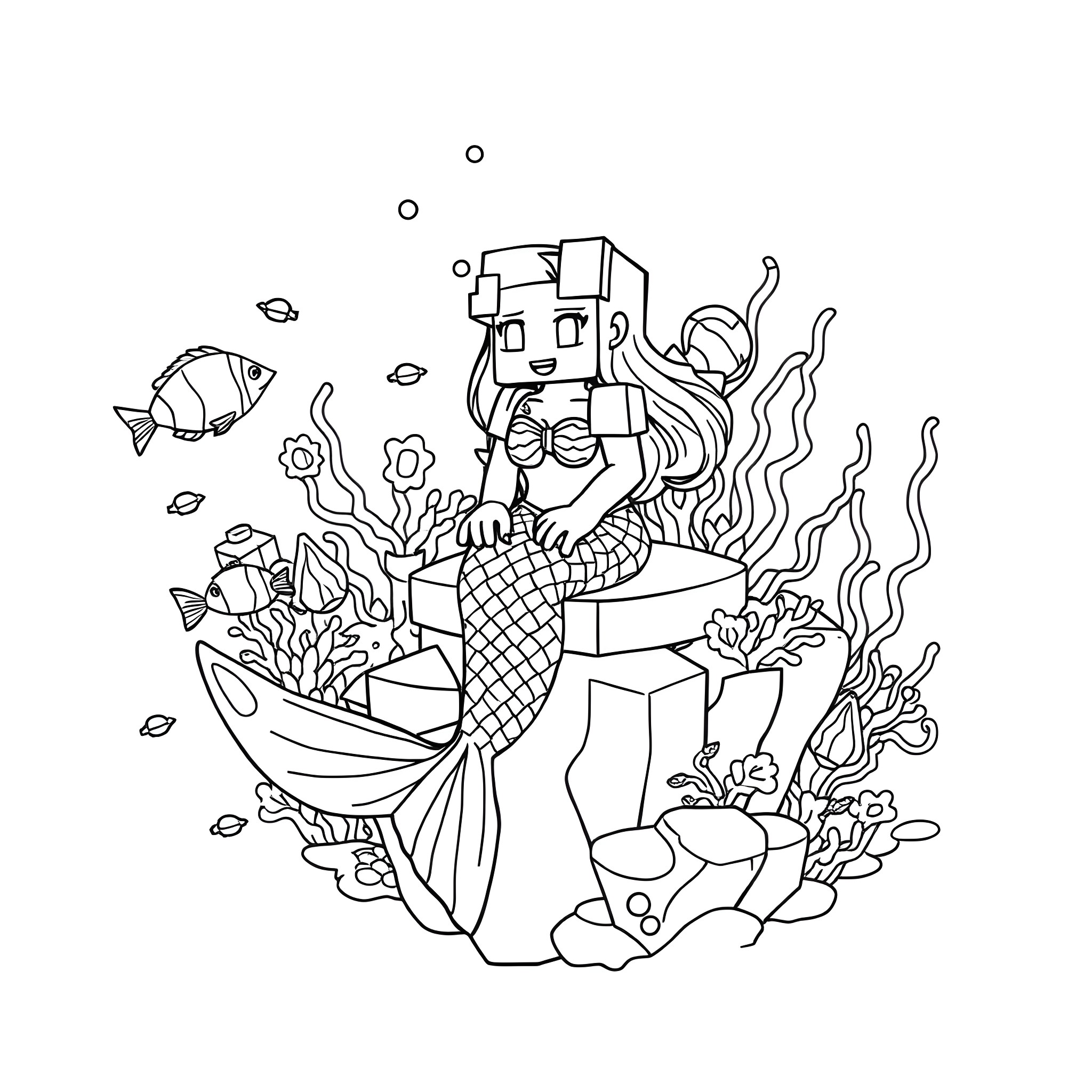 Mermaid Pixel Art Underwater Scene Coloring Page (free black-and-white line drawing printable PDF for all, from beginners to advanced learners, including children, teens, adults, and seniors)