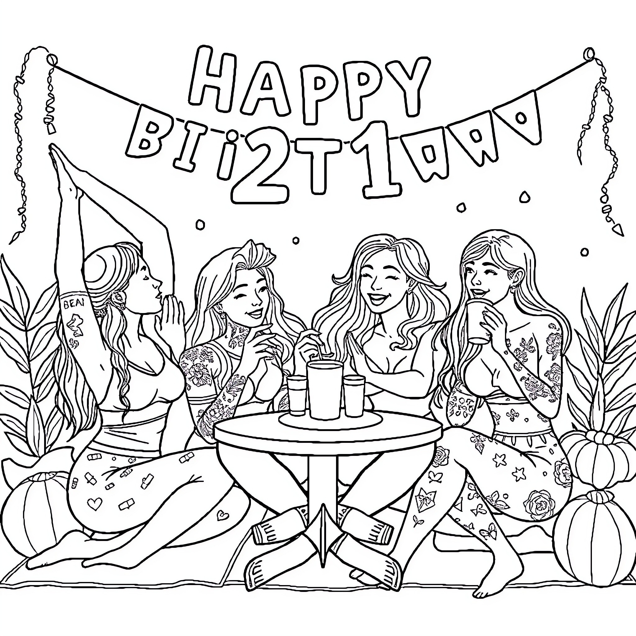 Yoga Birthday Celebration with Friends Coloring Page (free black-and-white line drawing printable PDF for all, from beginners to advanced learners, including children, teens, adults, and seniors)