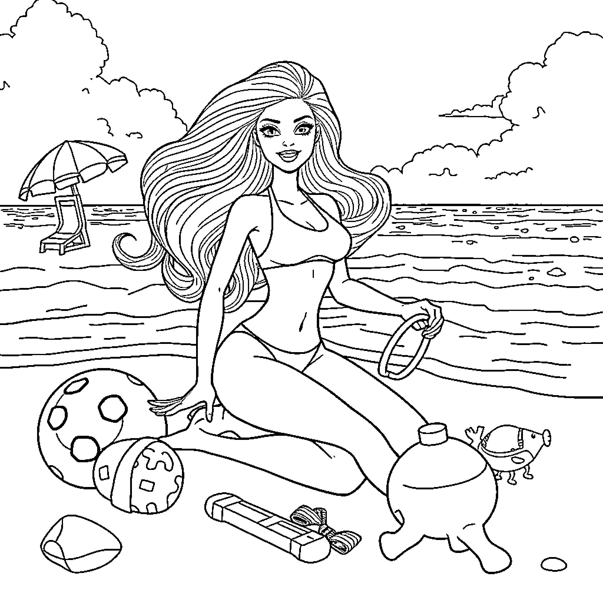 Barbie enjoying a day at the beach Coloring Page (free black-and-white line drawing printable PDF for all, from beginners to advanced learners, including children, teens, adults, and seniors)