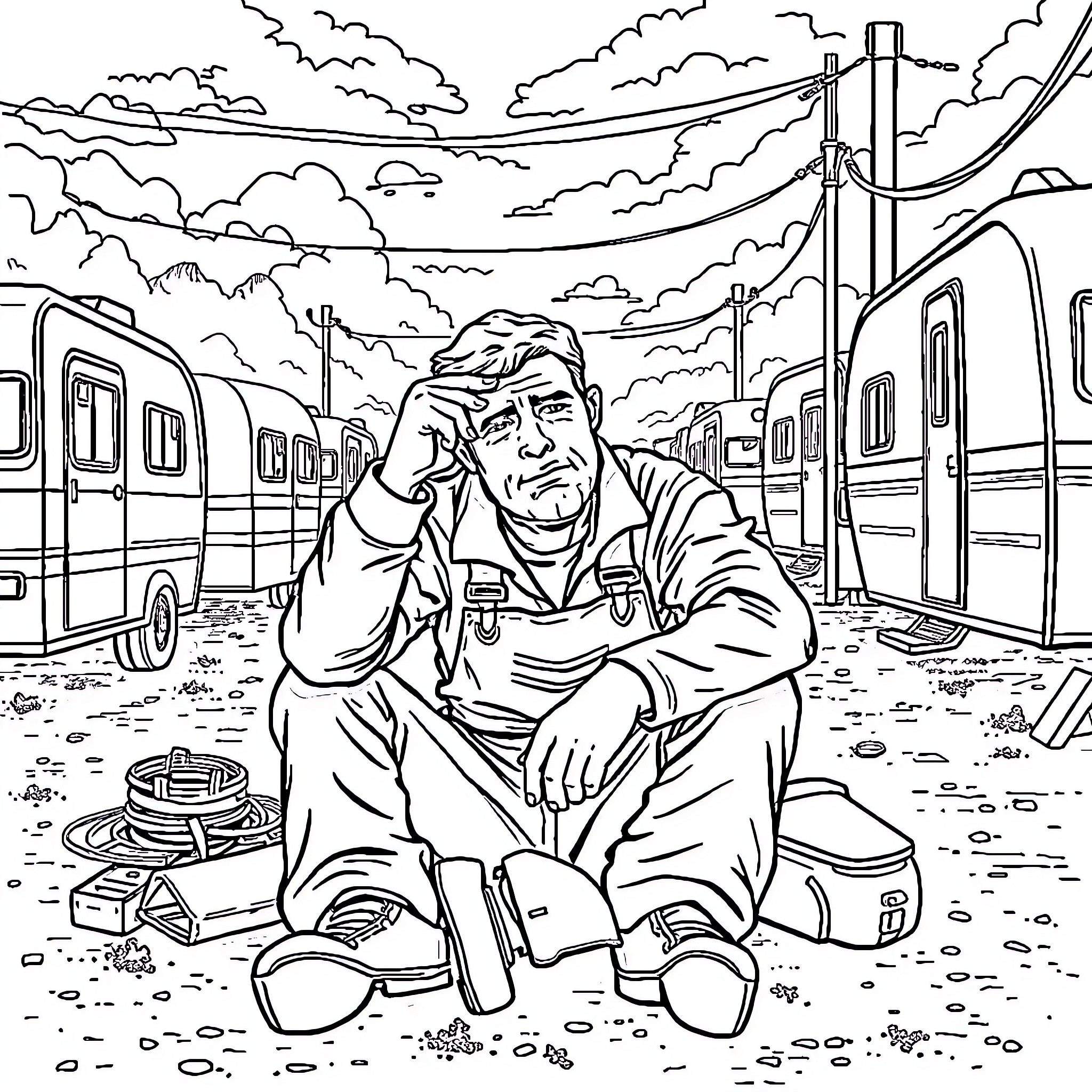 Welder Resting Among Trains and Clouds Coloring Page (free black-and-white line drawing printable PDF for all, from beginners to advanced learners, including children, teens, adults, and seniors)