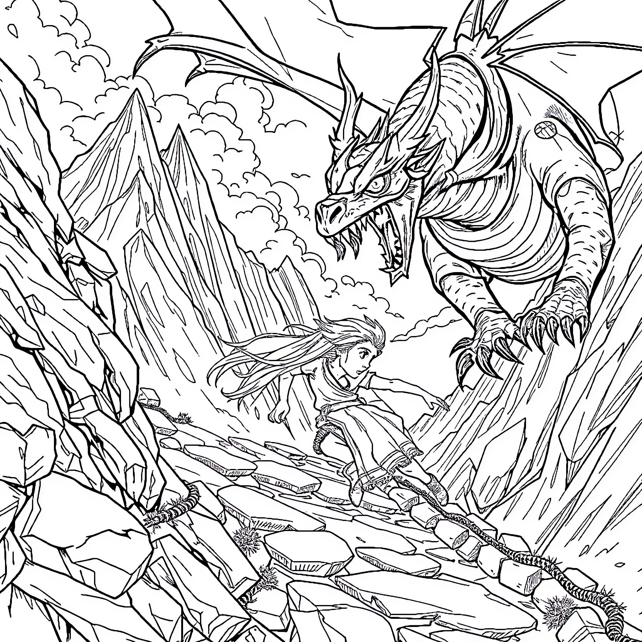 Friend battling an epic dragon in the mountains Coloring Page (free black-and-white line drawing printable PDF for all, from beginners to advanced learners, including children, teens, adults, and seniors)
