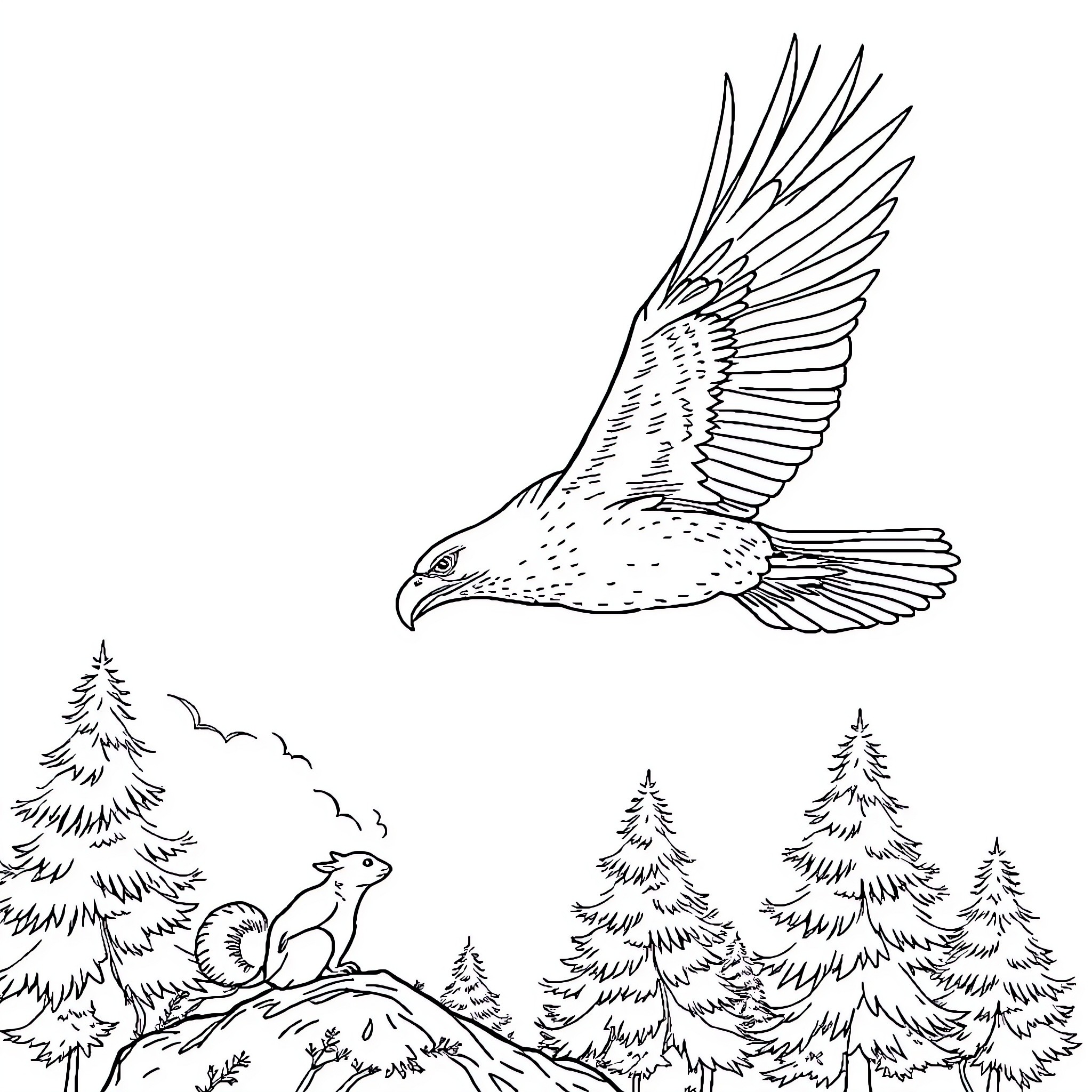 Eagle soaring above forest landscape Coloring Page (free black-and-white line drawing printable PDF for all, from beginners to advanced learners, including children, teens, adults, and seniors)