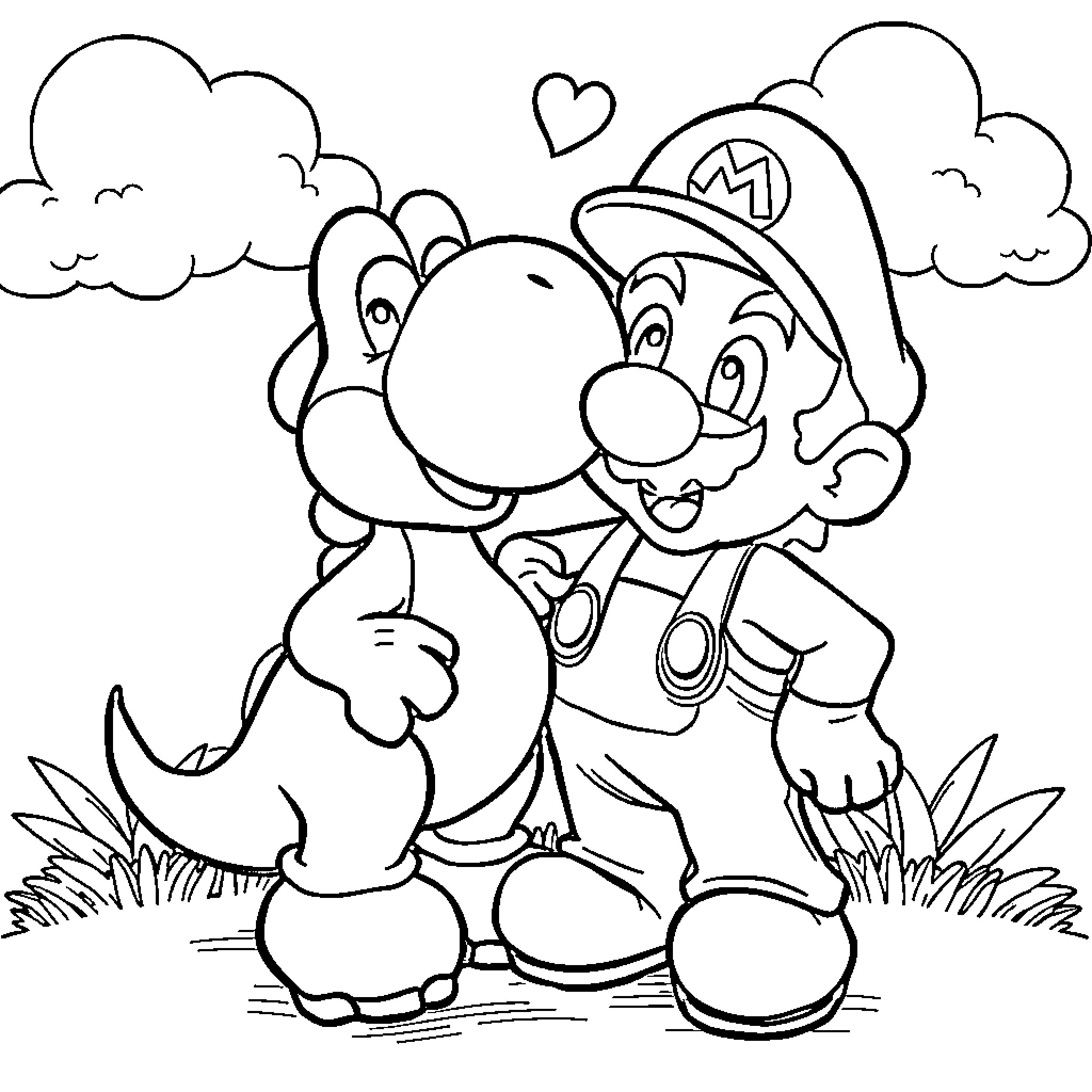 Yoshi and Mario sharing a friendly moment together Coloring Page (free black-and-white line drawing printable PDF for all, from beginners to advanced learners, including children, teens, adults, and seniors)