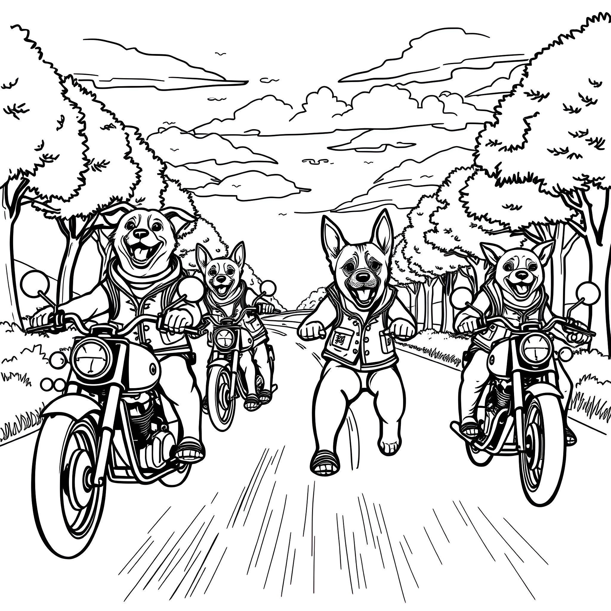 Dogs Riding Motorcycles on a Scenic Road Coloring Page (free black-and-white line drawing printable PDF for all, from beginners to advanced learners, including children, teens, adults, and seniors)