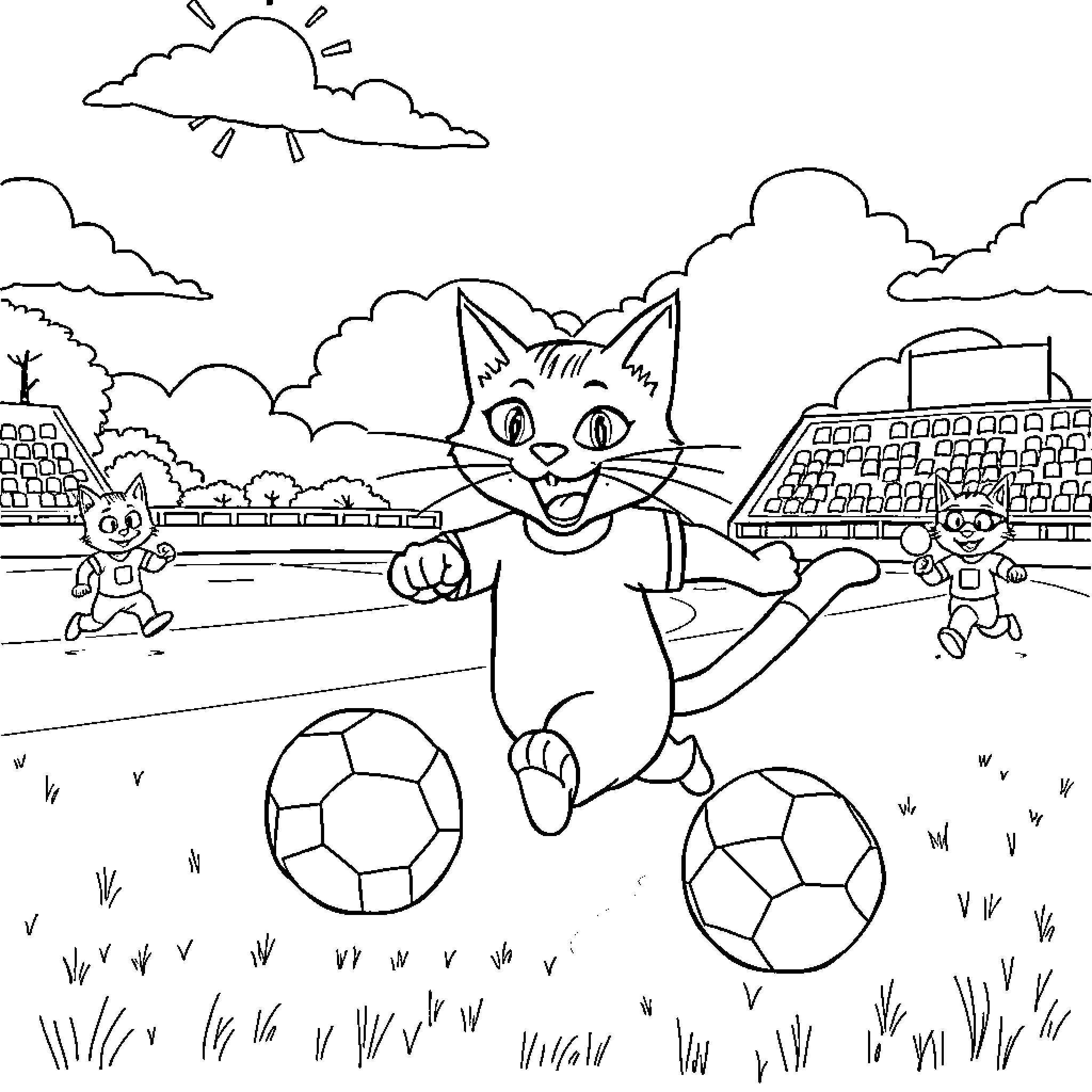 Pete the Cat kicking soccer balls on the field Coloring Page (free black-and-white line drawing printable PDF for all, from beginners to advanced learners, including children, teens, adults, and seniors)
