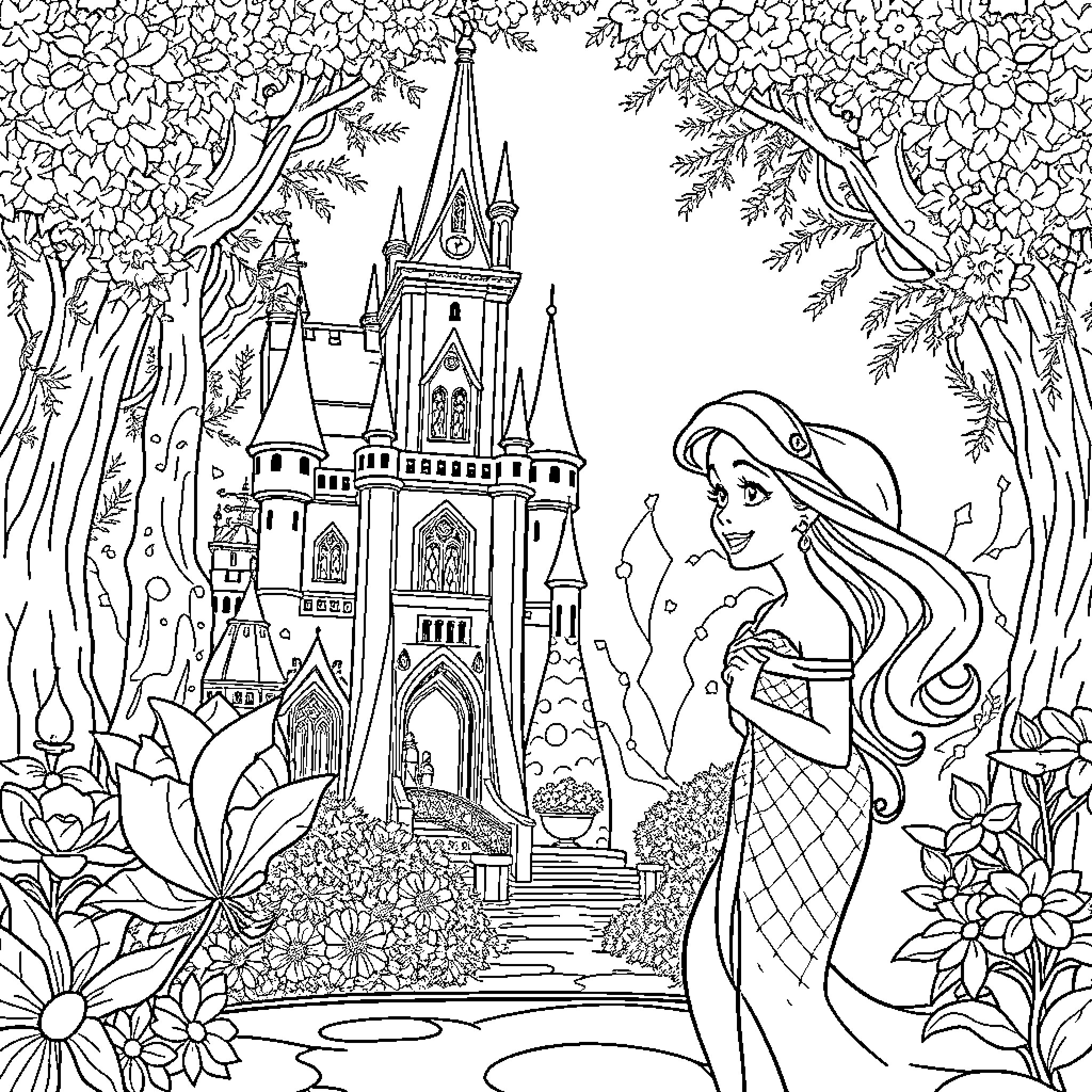 Ariel exploring the magical castle surrounded by nature Coloring Page (free black-and-white line drawing printable PDF for all, from beginners to advanced learners, including children, teens, adults, and seniors)