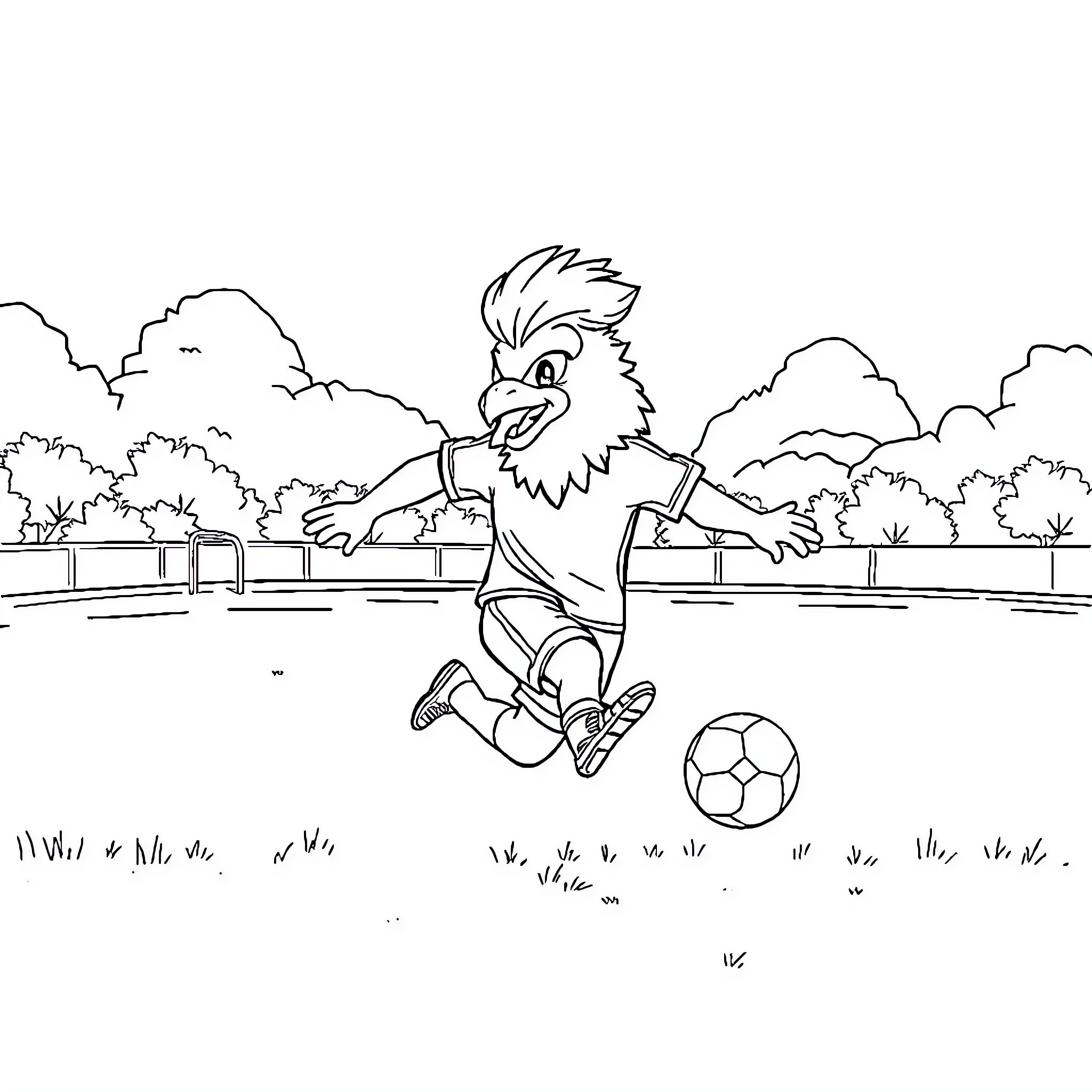 Goldorak playing soccer in the park Coloring Page (free black-and-white line drawing printable PDF for all, from beginners to advanced learners, including children, teens, adults, and seniors)