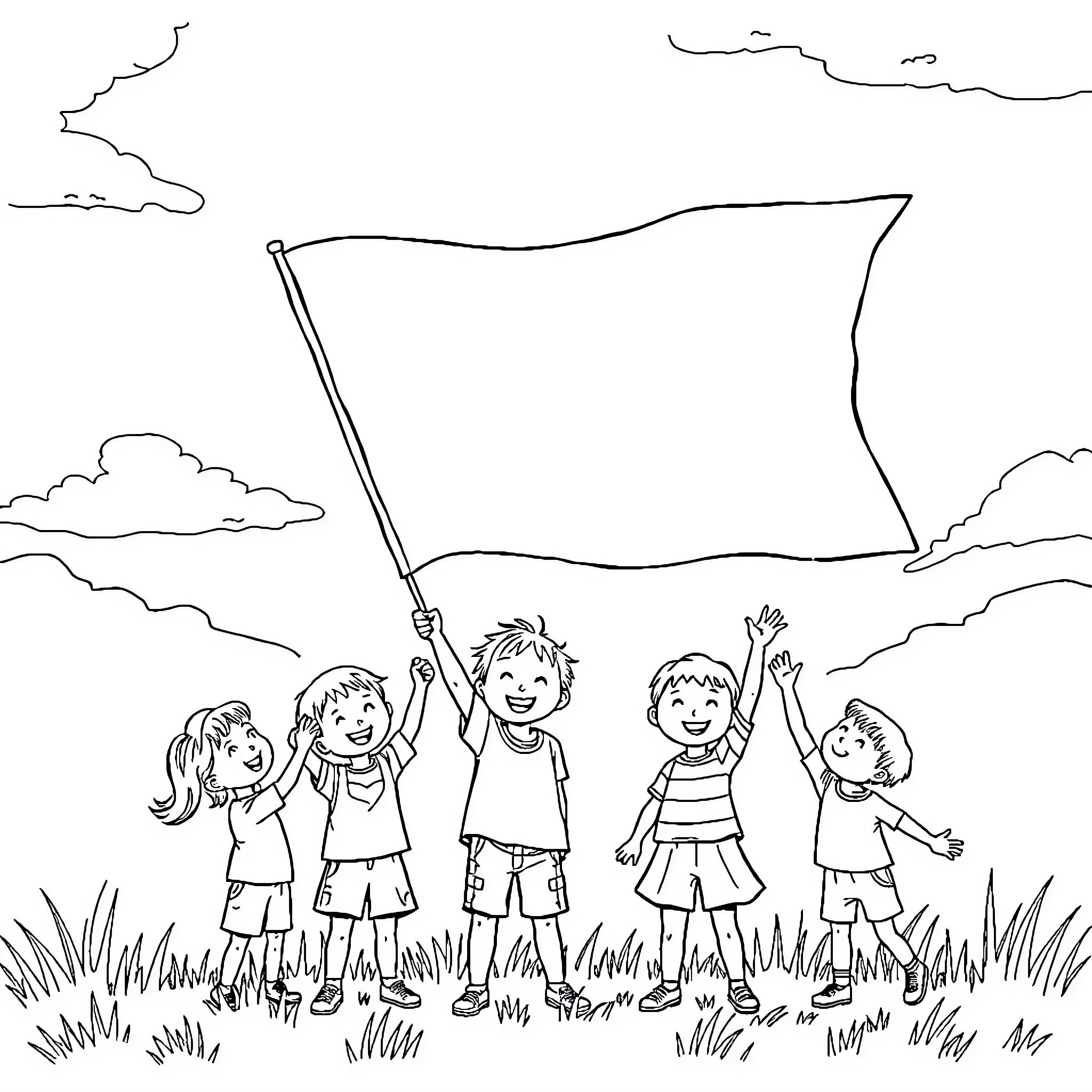 Children playing happily with a flag in the field Coloring Page (free black-and-white line drawing printable PDF for all, from beginners to advanced learners, including children, teens, adults, and seniors)