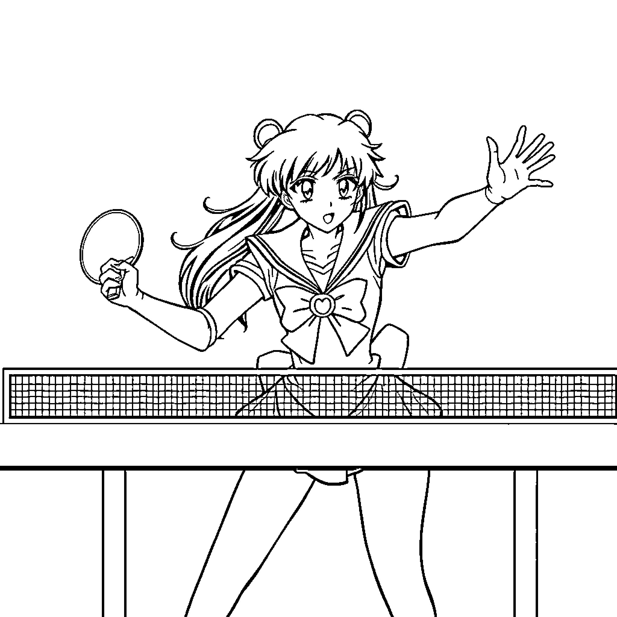 Sailor Mars playing badminton on the court Coloring Page (free black-and-white line drawing printable PDF for all, from beginners to advanced learners, including children, teens, adults, and seniors)