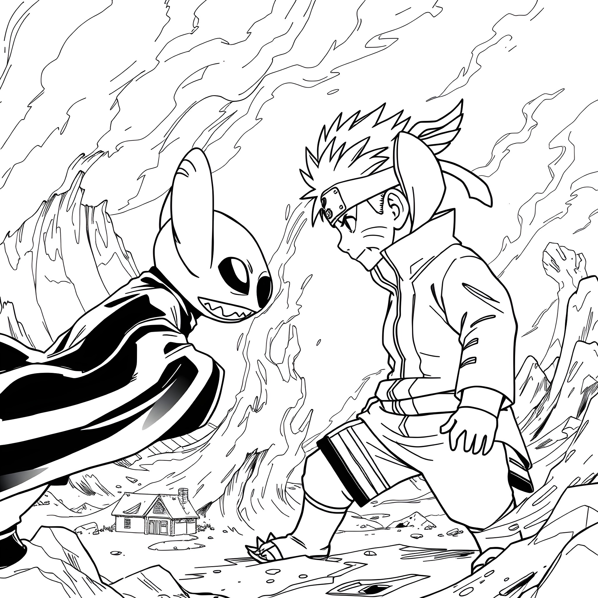 Naruto facing off against a powerful opponent Coloring Page (free black-and-white line drawing printable PDF for all, from beginners to advanced learners, including children, teens, adults, and seniors)