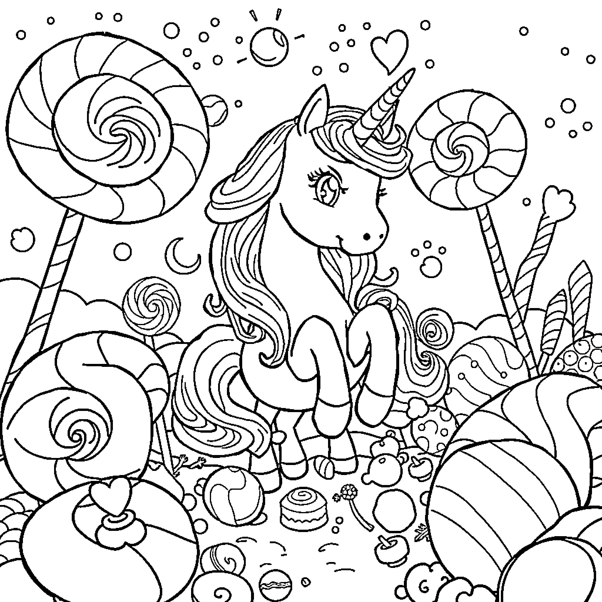 Unicorn wandering among whimsical candy landscape Coloring Page (free black-and-white line drawing printable PDF for all, from beginners to advanced learners, including children, teens, adults, and seniors)
